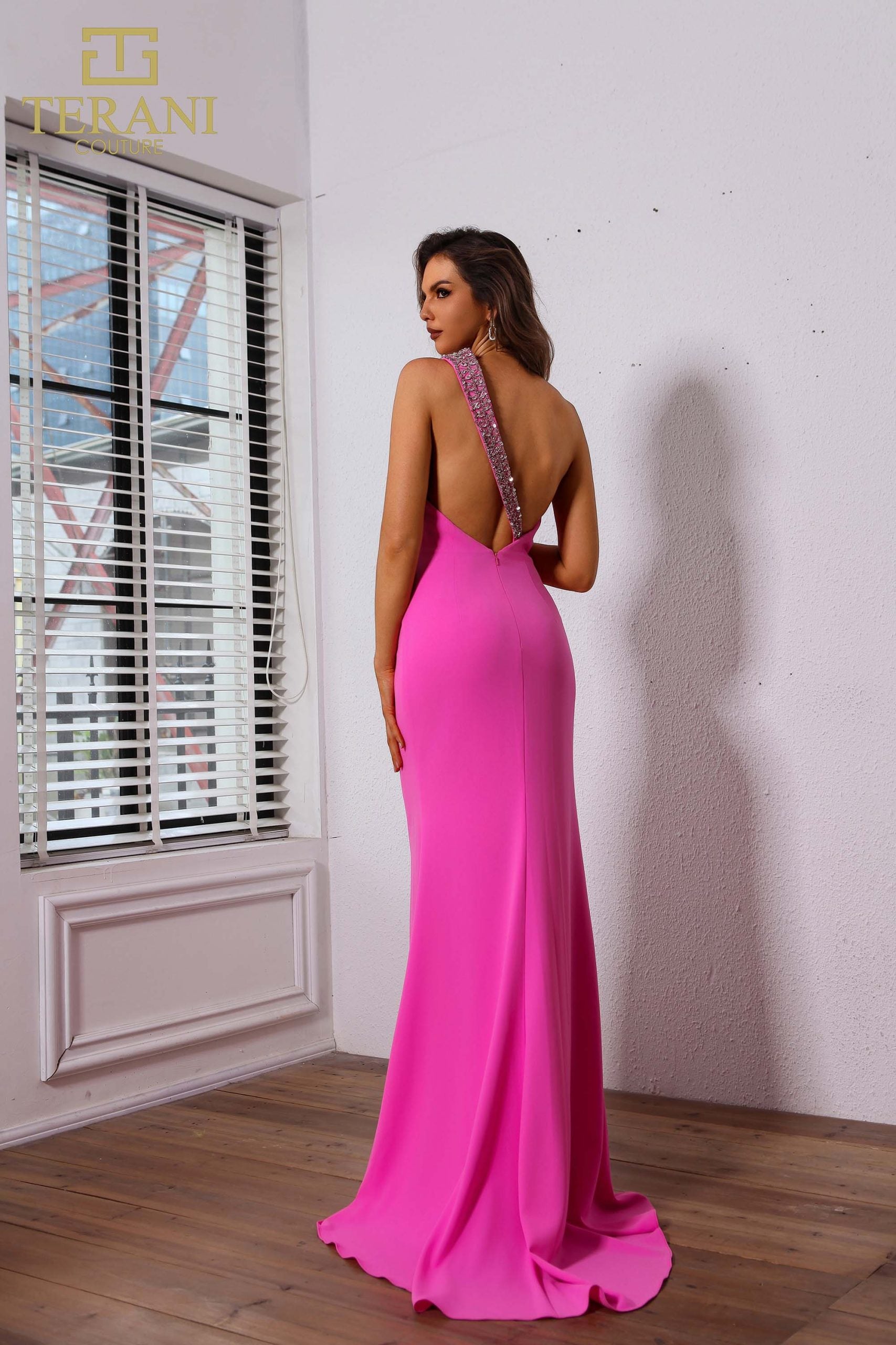 251P4036 TERANI Asymmetric Sleeveless Crepe Fit And Flare Prom Dress