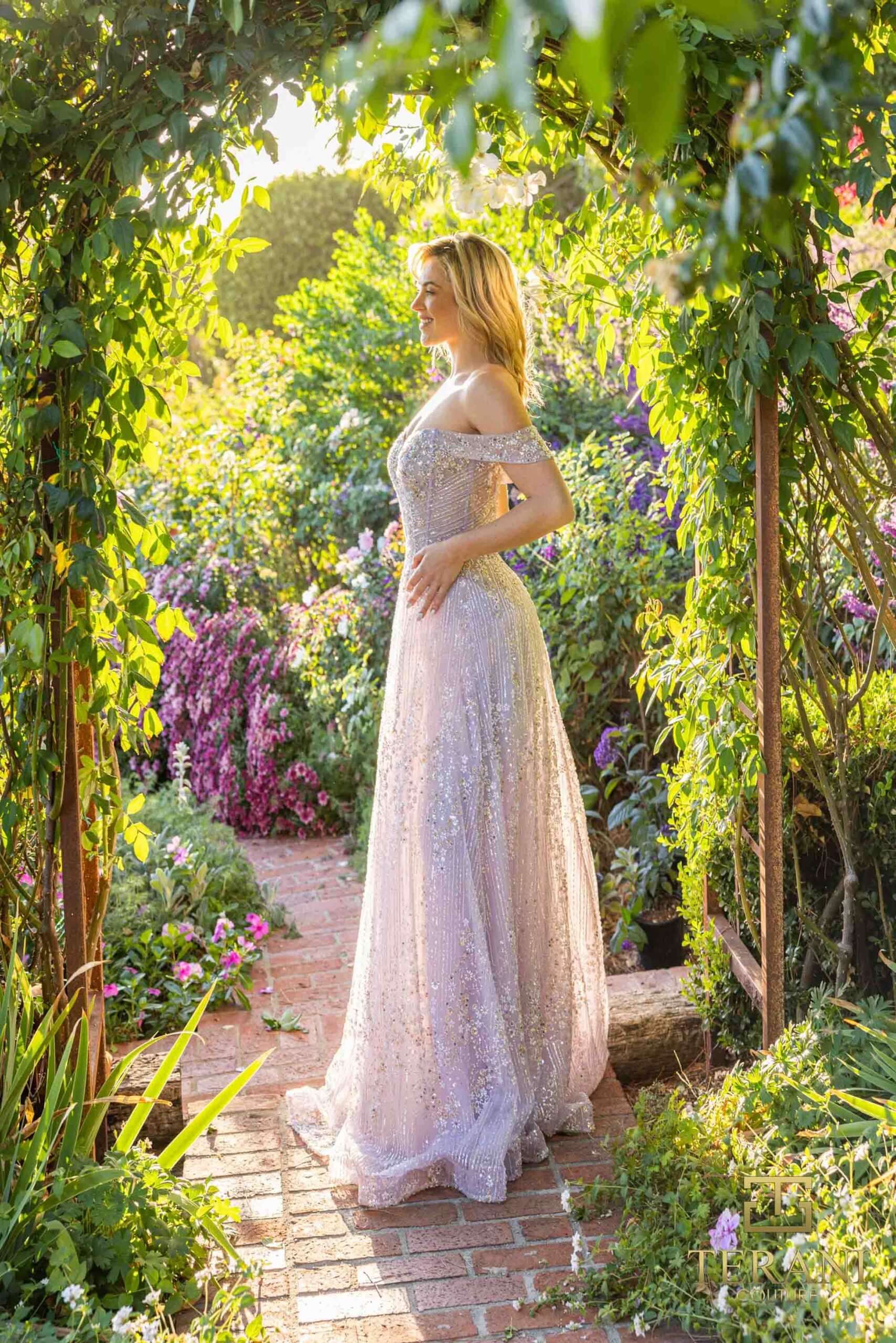 251P4041 TERANI Off-Shoulder Straps Beaded Tulle Ballgown Prom Dress