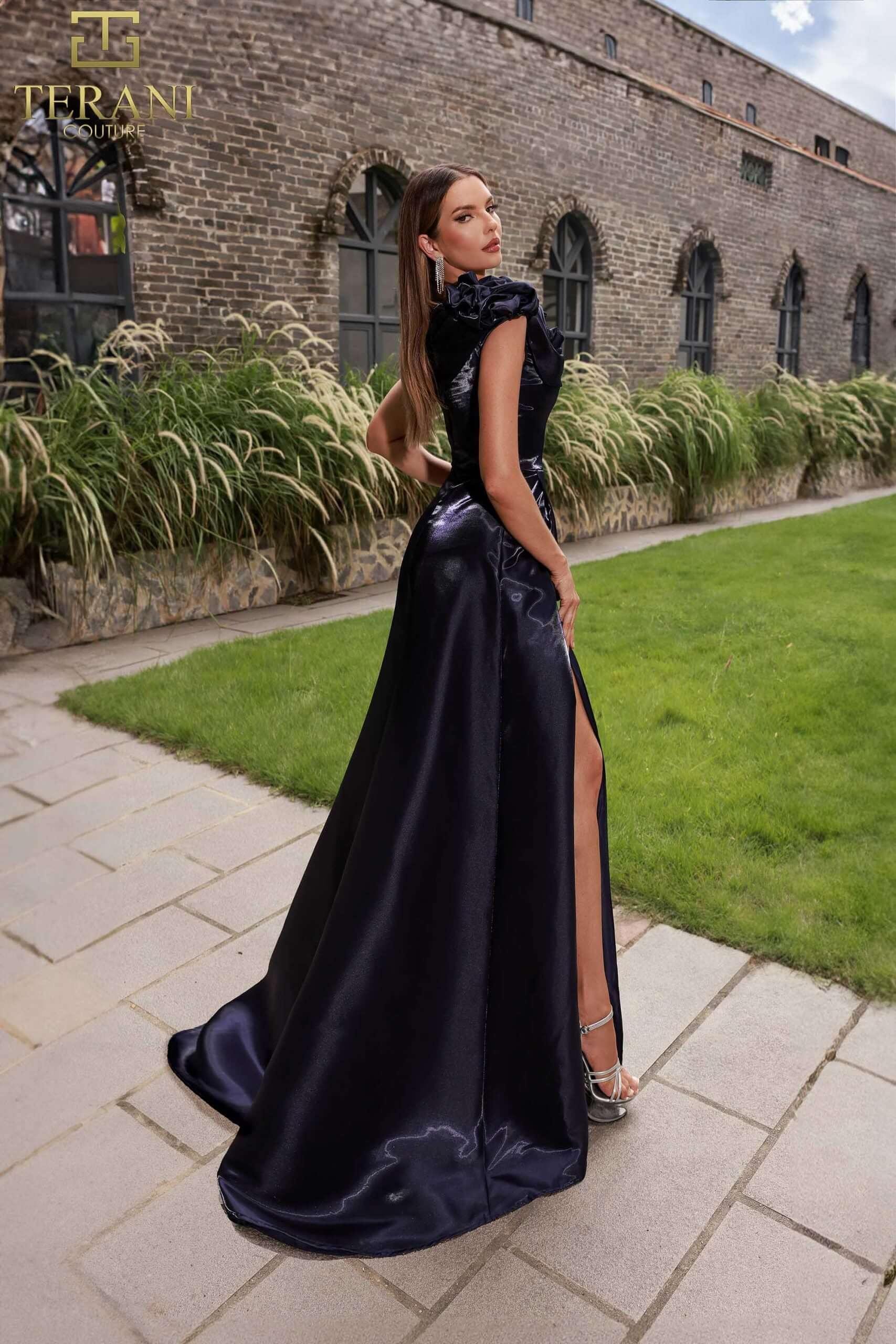 251P4052 TERANI One shoulder Side Slit Shimmer A-Line Dress