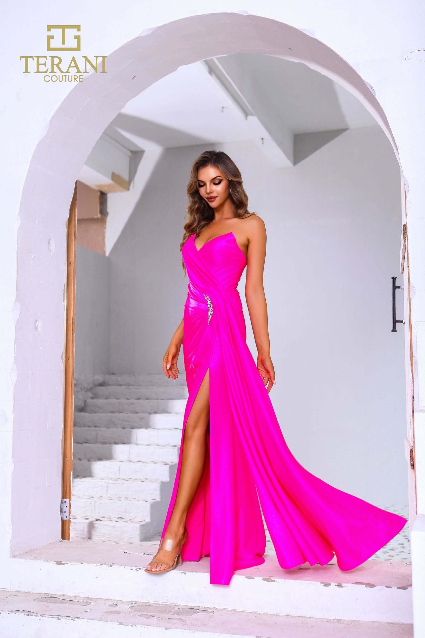 251P4055 TERANI Strapless Stretch Metallic Fit And Flare Long Prom Dress