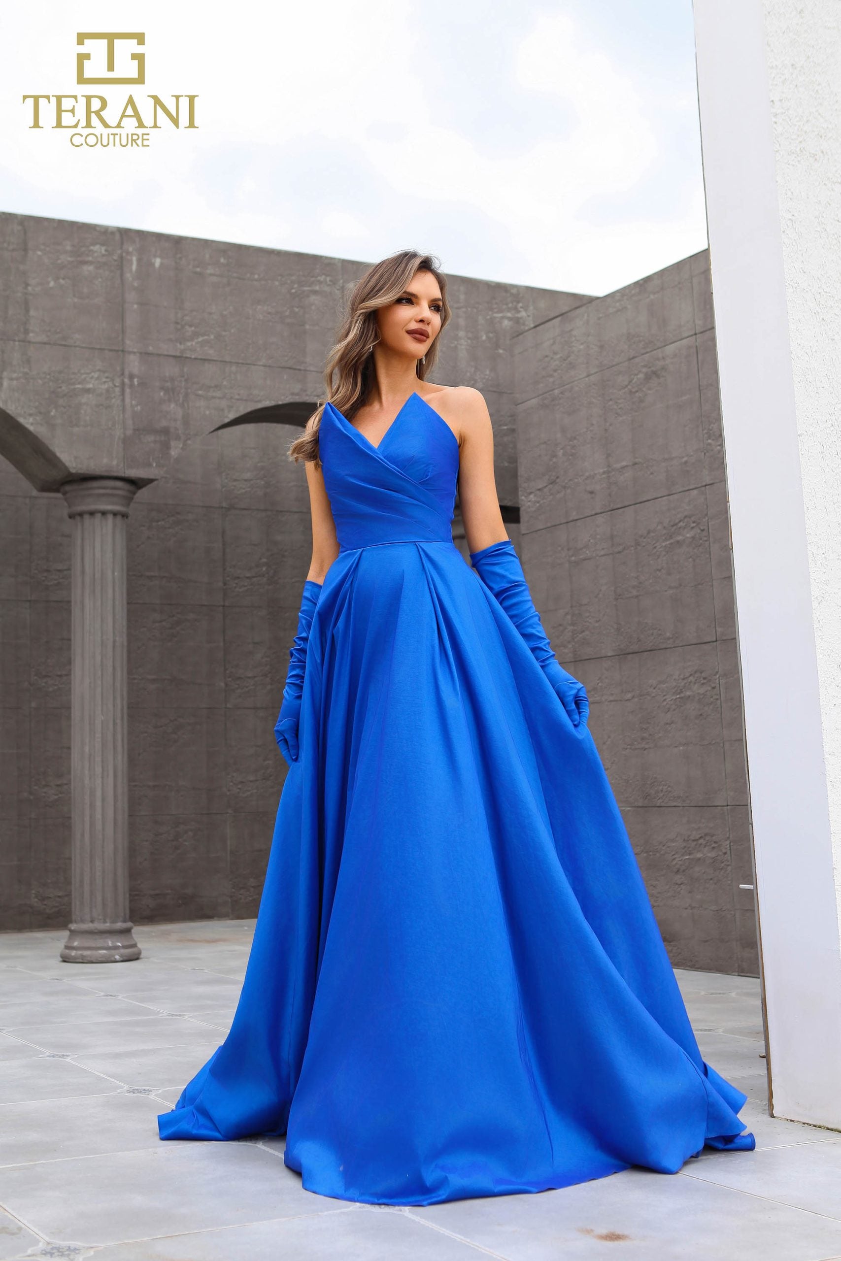 251P4060 TERANI A-line Sleeveless Satin Long Prom Dress
