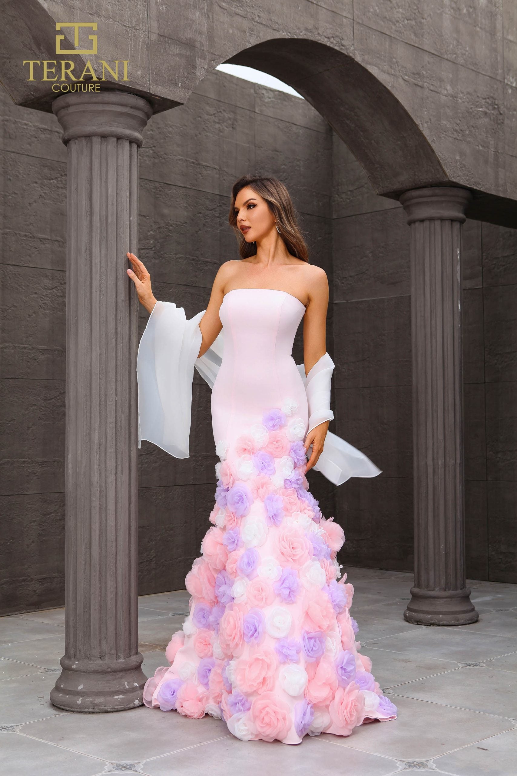 251P4091 TERANI Strapless Trumpet Baby Pink Long Prom Dress