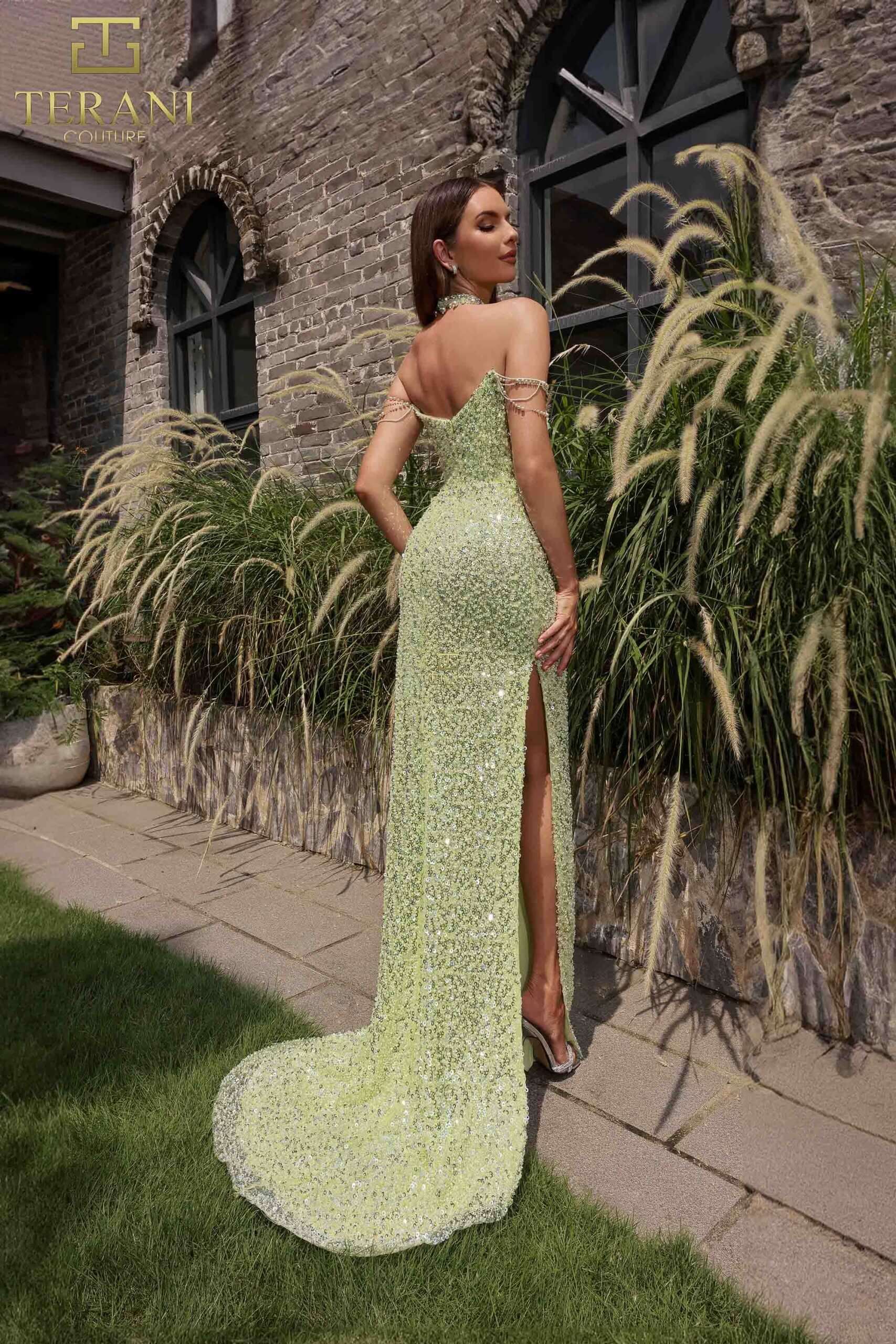 251P4329 TERANI Slim Sweetheart Beaded Tulle Long Prom Dress