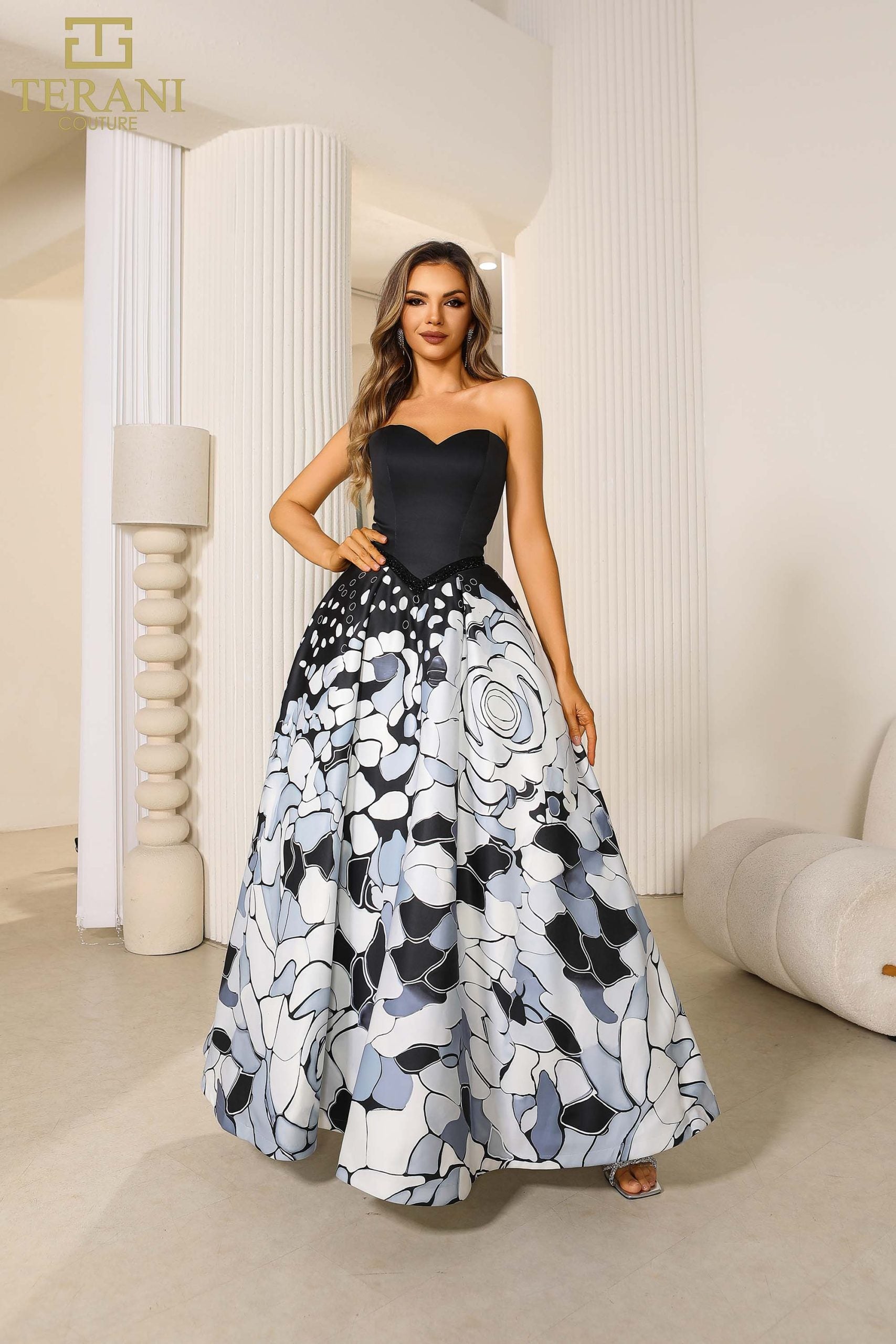 Print Mikado Sleeveless Long Ballgown Prom Dress Black Multi / 4 Print Mikado Sleeveless Long Ballgown Prom Dress Black Multi / 4