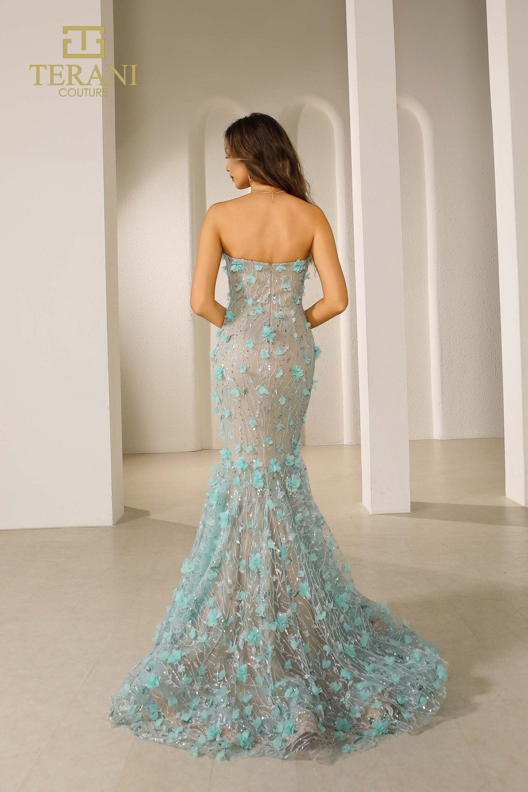 251P4379 TERANI Sweetheart Strapless Aqua Trumpet Tulle Dress