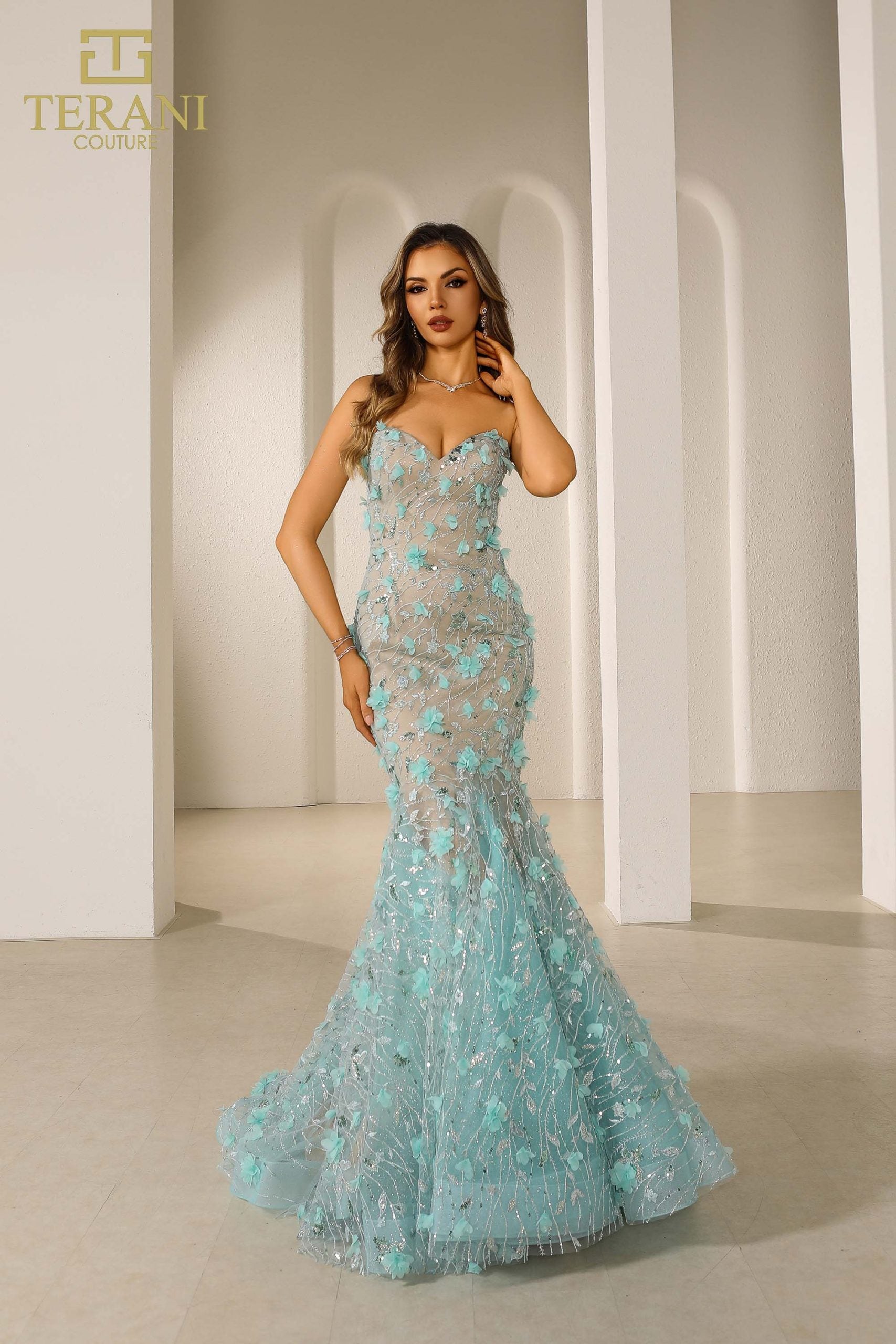 251P4379 TERANI Sweetheart Strapless Aqua Trumpet Tulle Dress