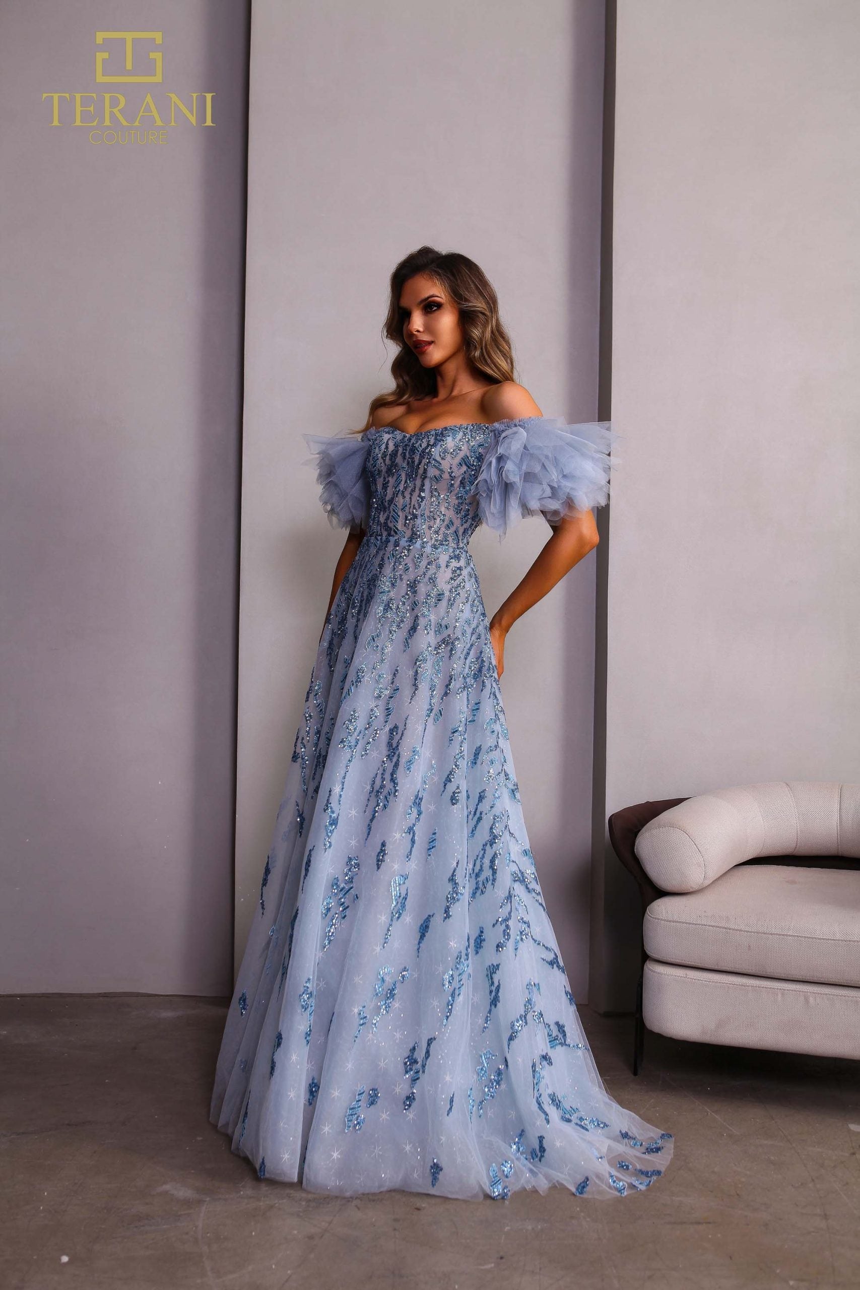 251P4500 TERANI A-line Off-Shoulder Straps Tulle Blue Prom Ballgown