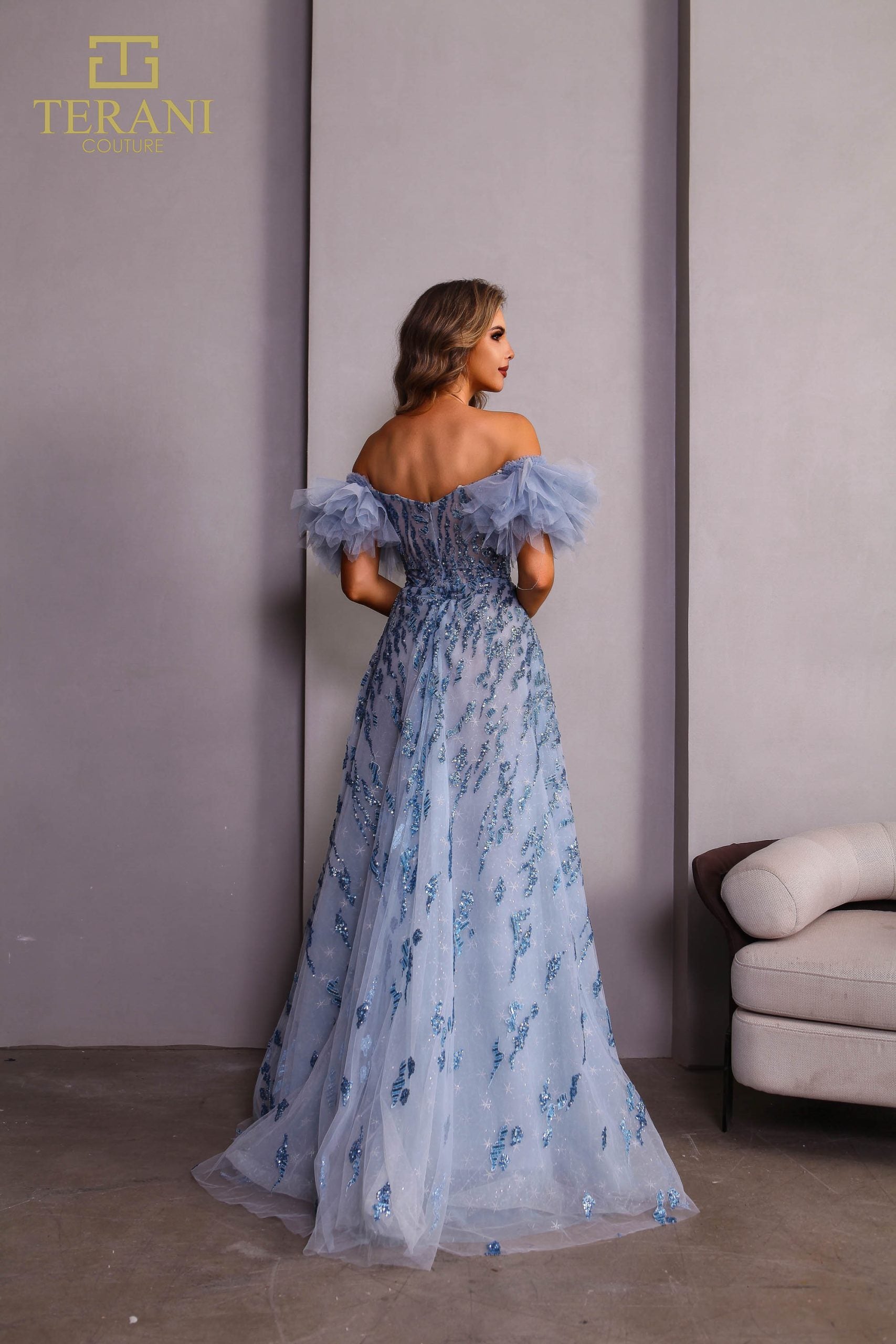251P4500 TERANI A-line Off-Shoulder Straps Tulle Blue Prom Ballgown