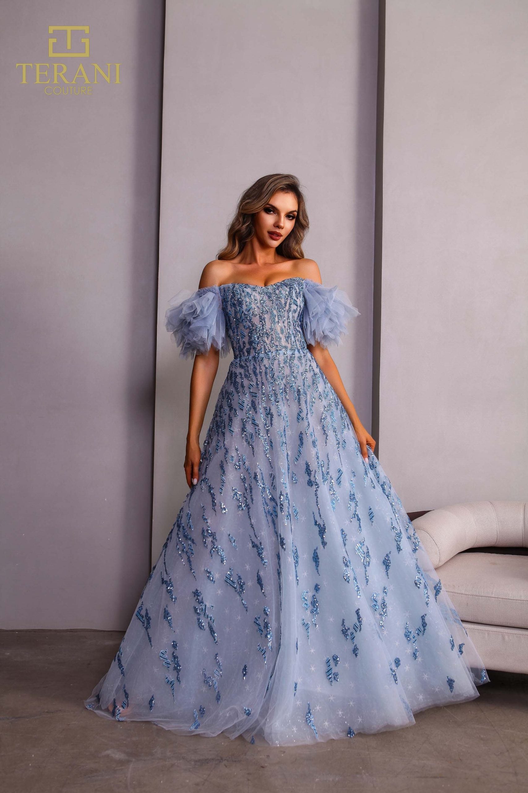 251P4500 TERANI A-line Off-Shoulder Straps Tulle Blue Prom Ballgown