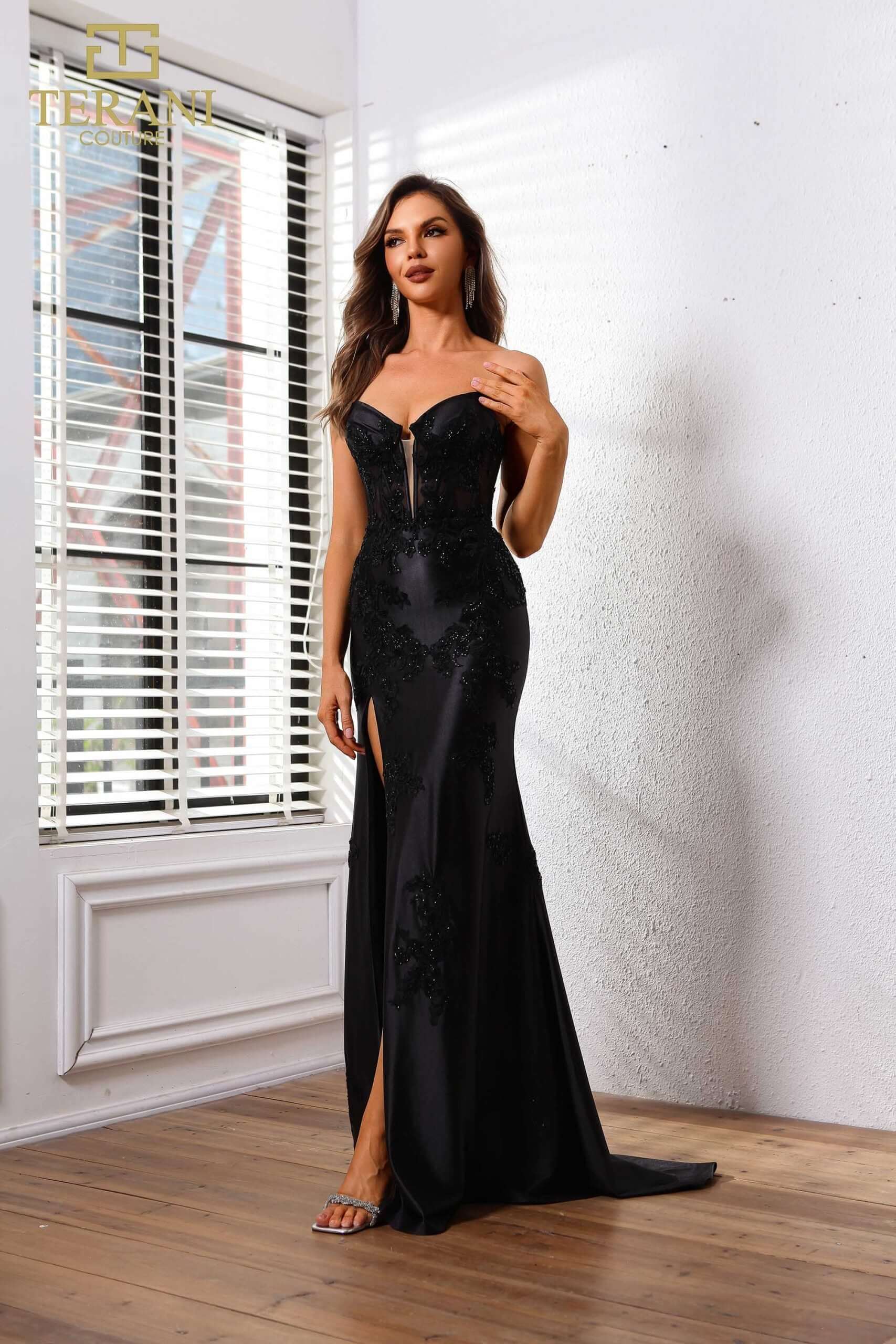 strapless sweetheart bodycon dress Terani Couture 251p4541 Sweetheart Strapless Side Slit Bodycon Dress