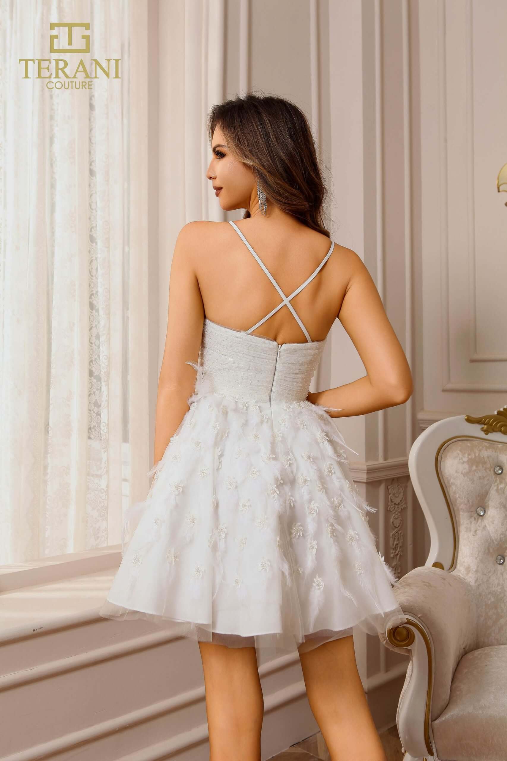 251P4549 TERANI Ivory Feather Short Prom Ballgown