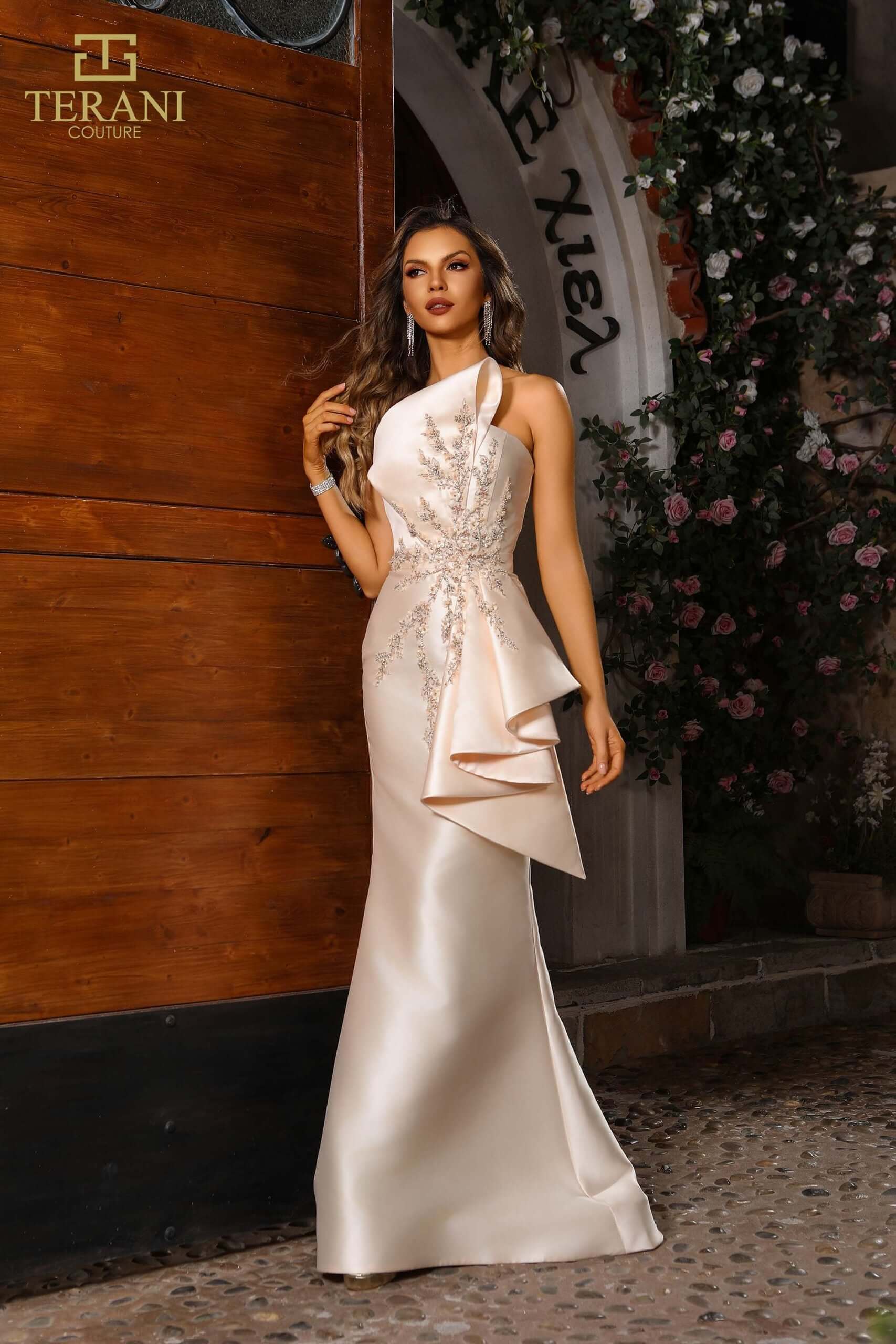 251E4265 TERANI Asymmetrical Sleeveless Trumpet Evening Dress