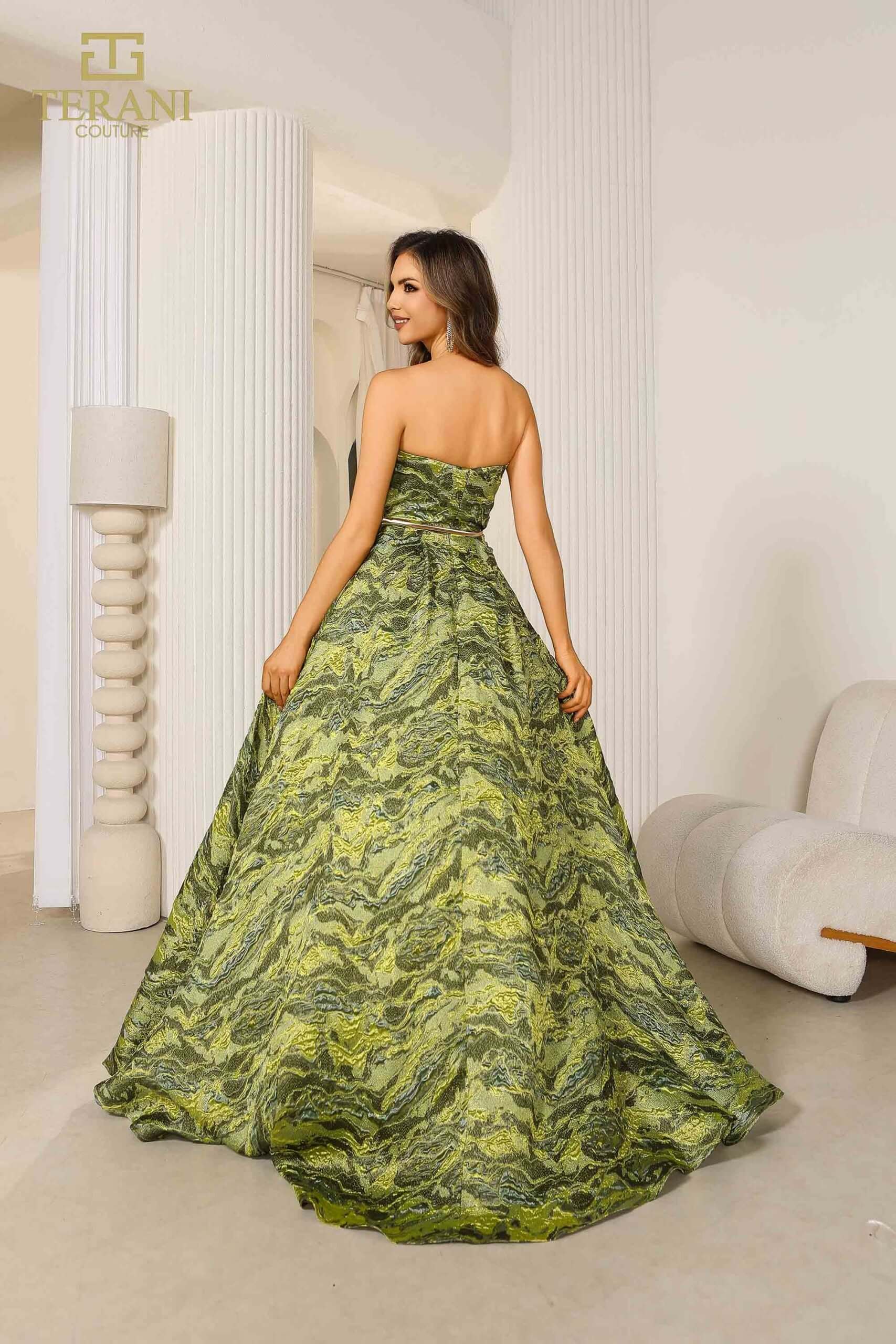251E4269 TERANI Lava Jacuard Sleeveless High Slit Evening Ballgown