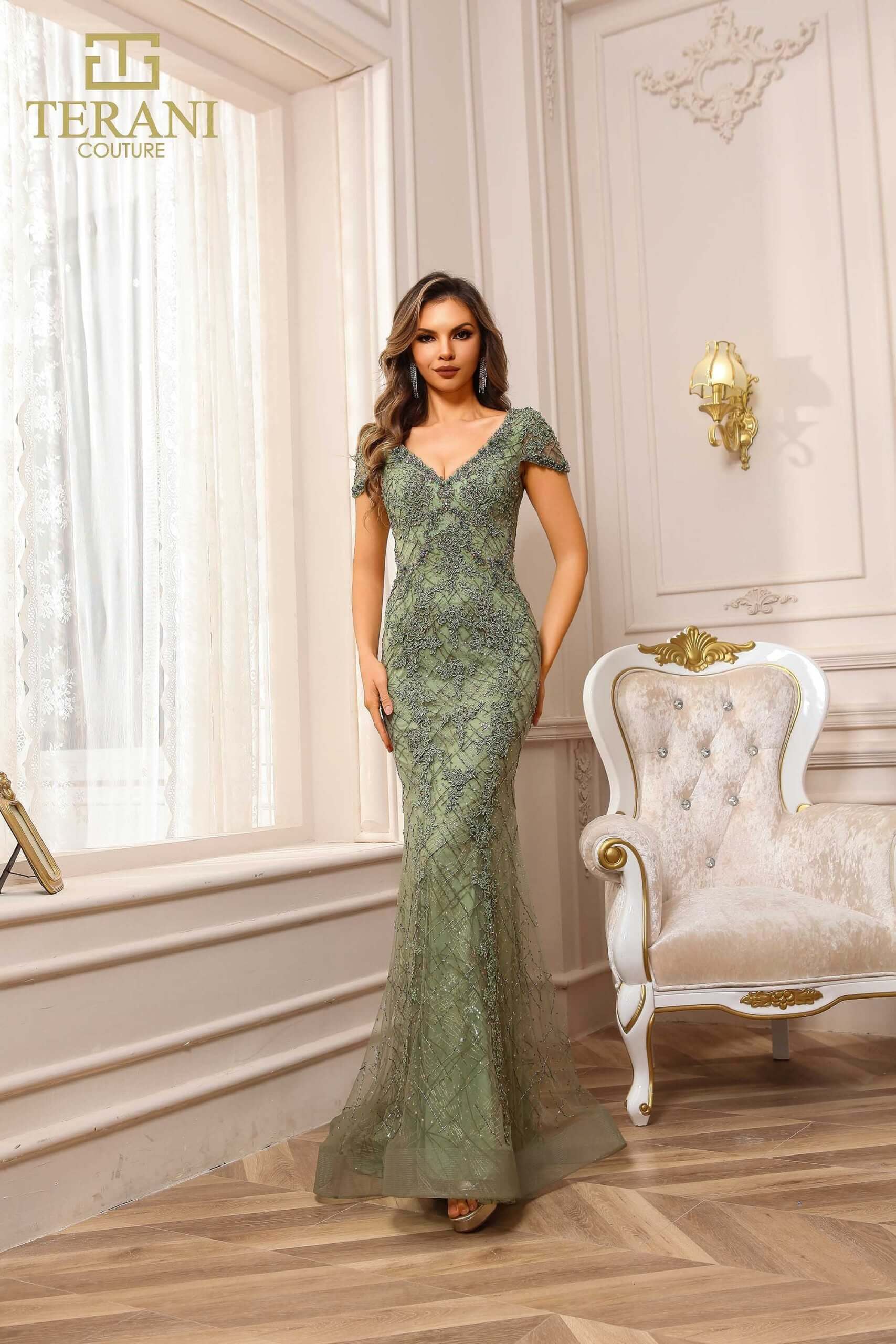 251GL4194 TERANI V-neck Trumpet Olive Lace Pageant Dress