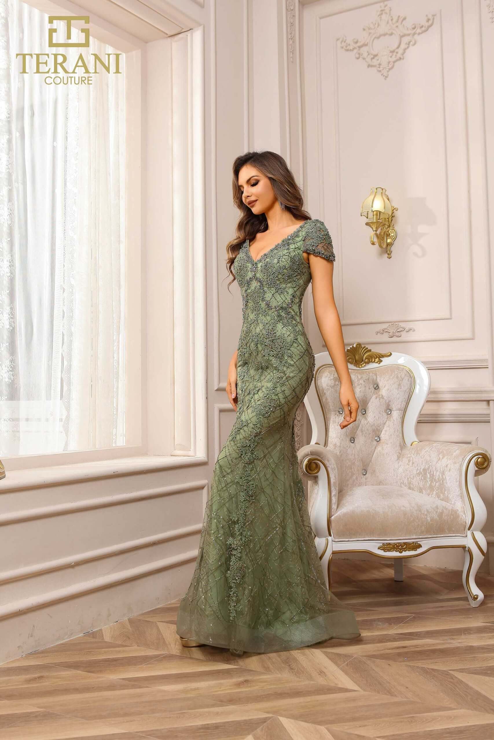 251GL4194 TERANI V-neck Trumpet Olive Lace Pageant Dress