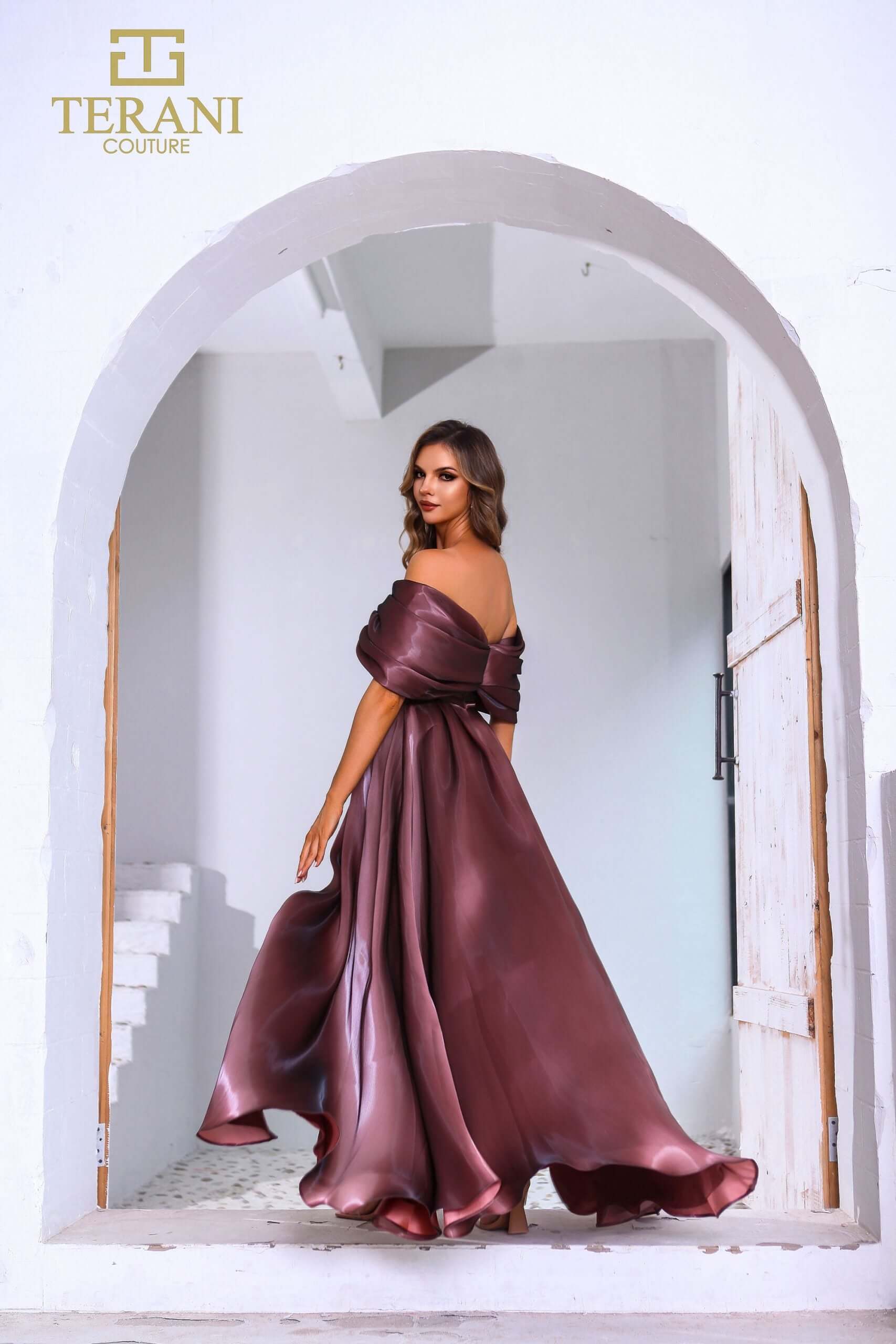251M4044 TERANI A-line Off The Shoulder Front Slit Long Dress
