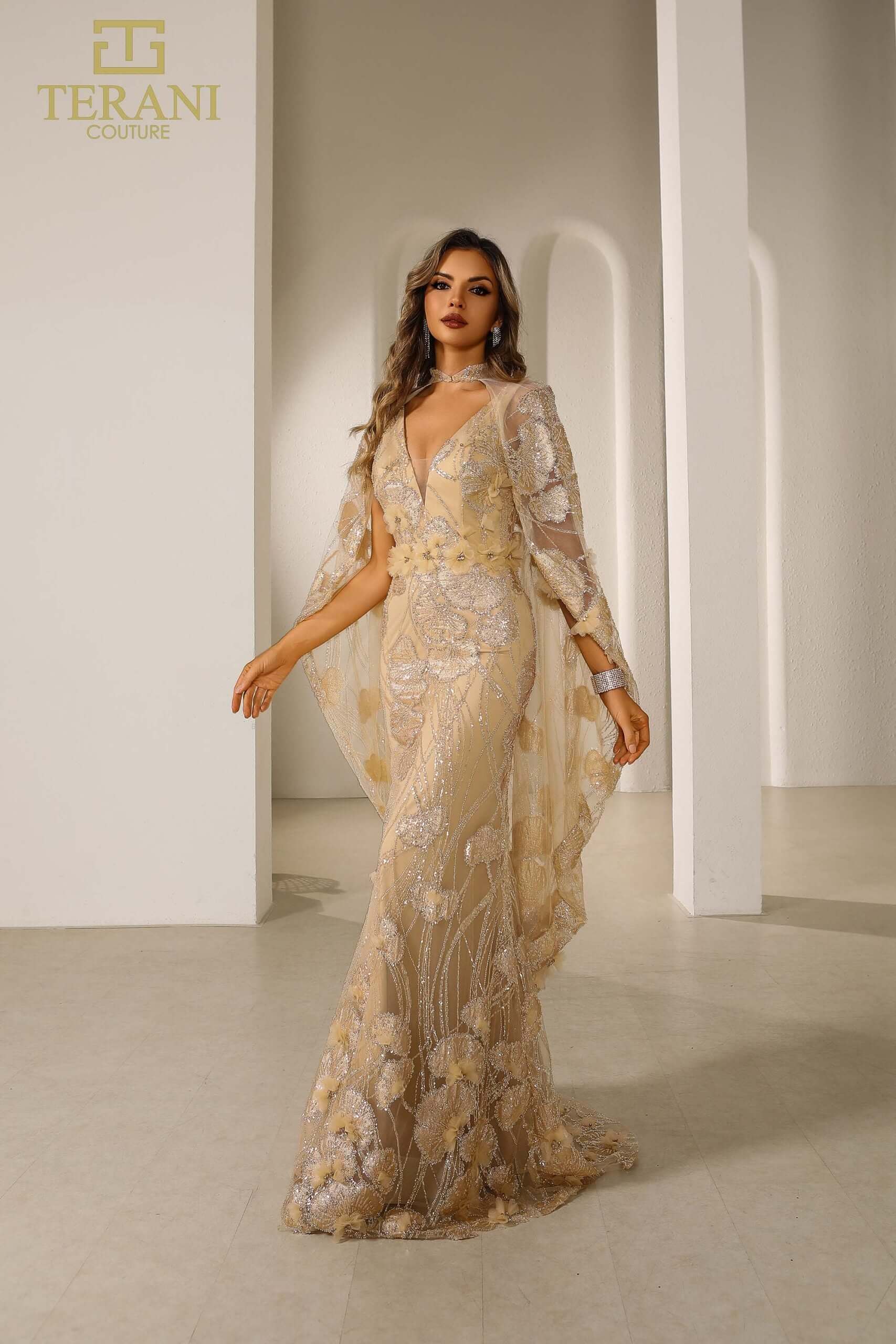 251M4326 TERANI V-neck Sleeveless Fit And Flare Lace Dress