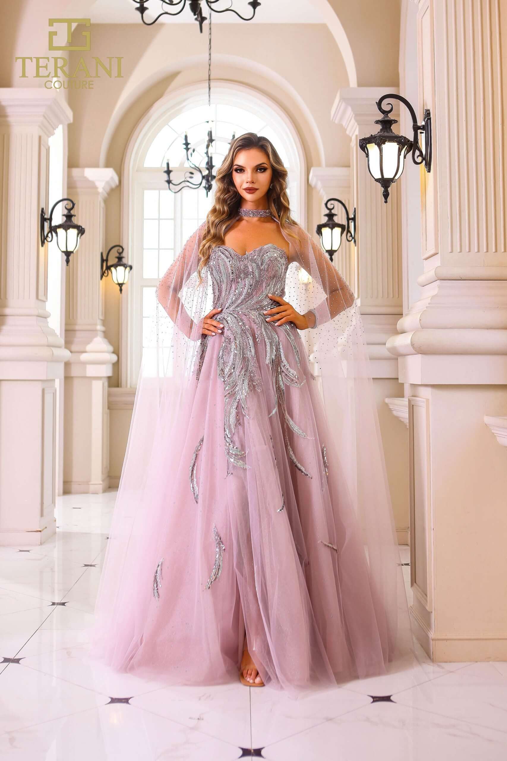 251M4410 TERANI Beaded Tulle Sleeveless Sweetheart Ballgown Dress