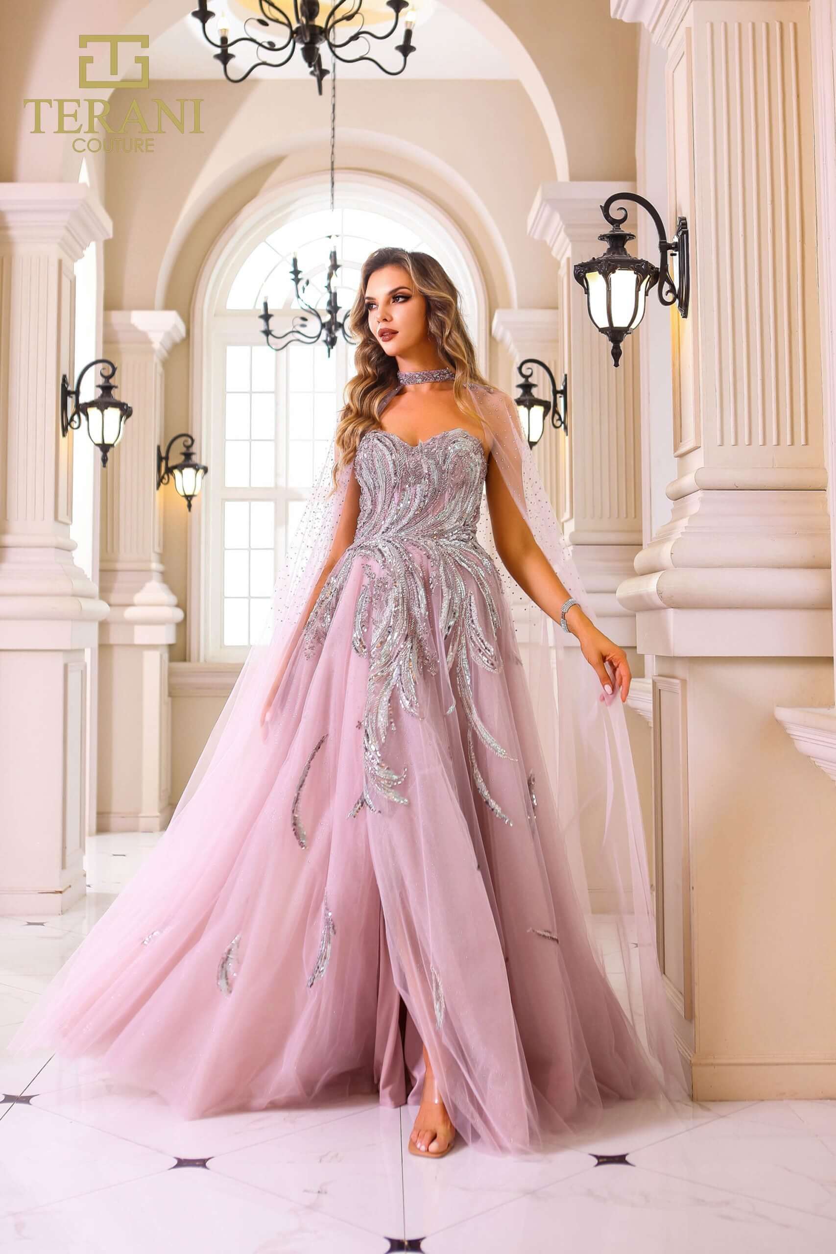 251M4410 TERANI Beaded Tulle Sleeveless Sweetheart Ballgown Dress