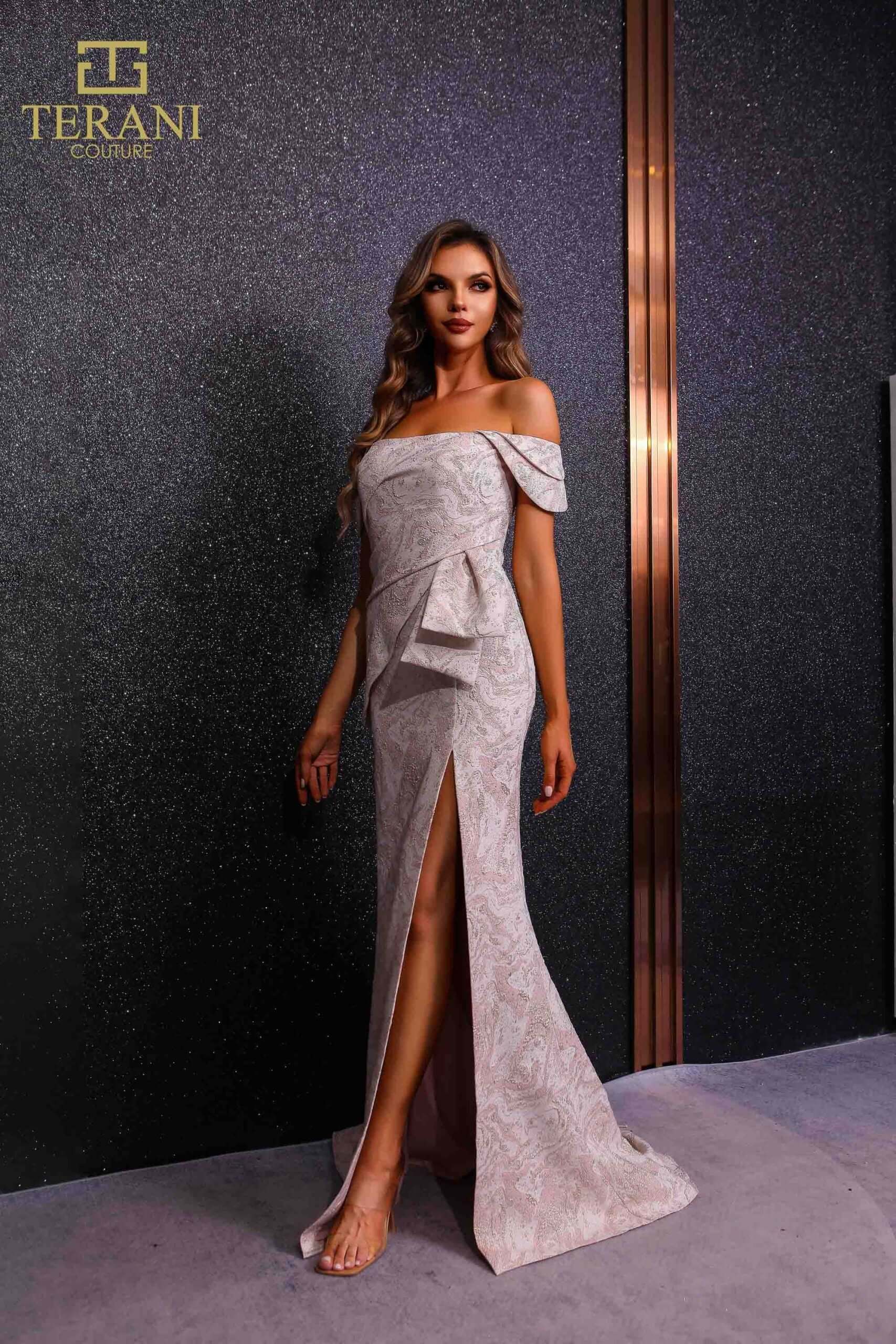 251M4435 TERANI Sheath Off The Shoulder Cap Sleeves Jacquard Long Dress