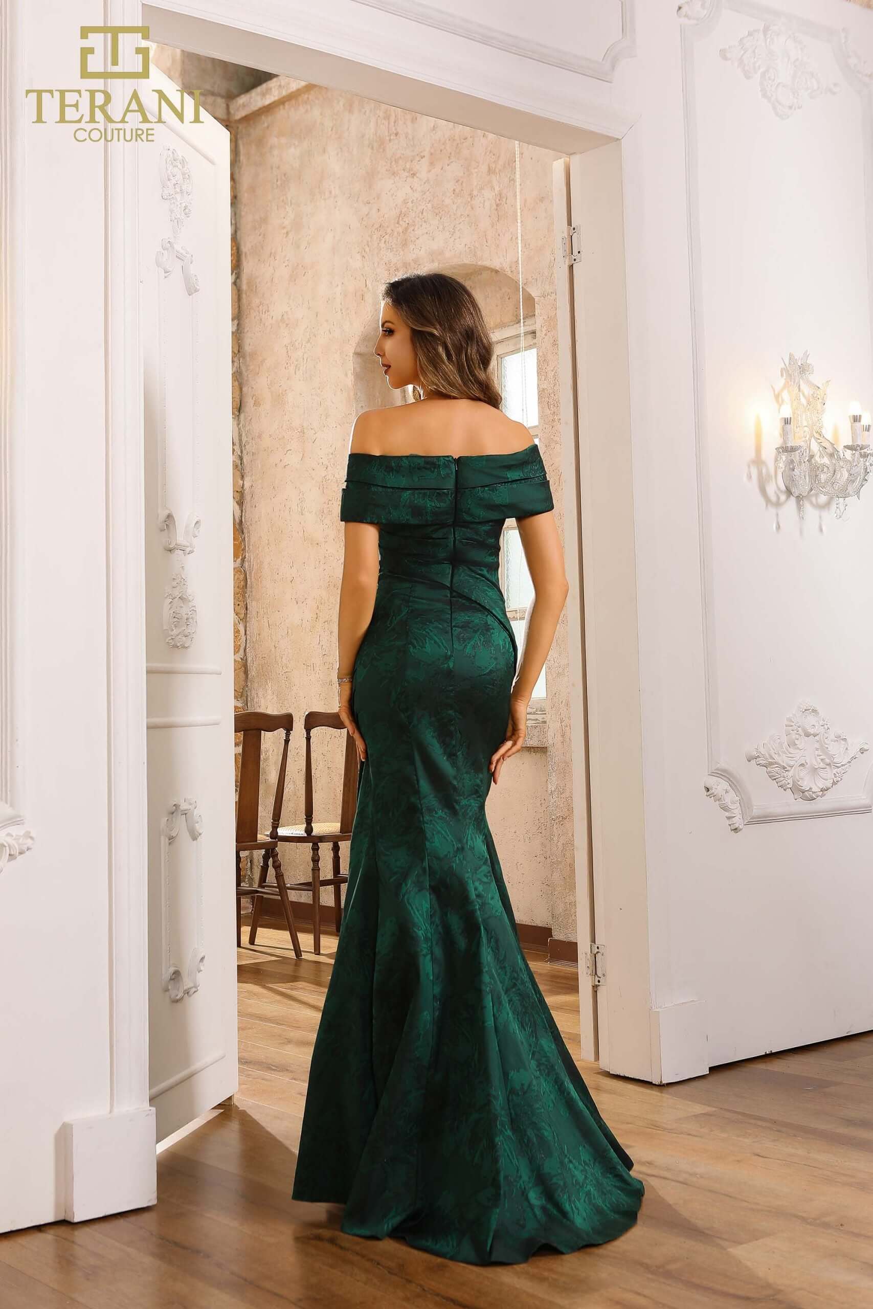 251M4437 TERANI Sleeveless Jacquard Off Shoulder Trumpet Dress