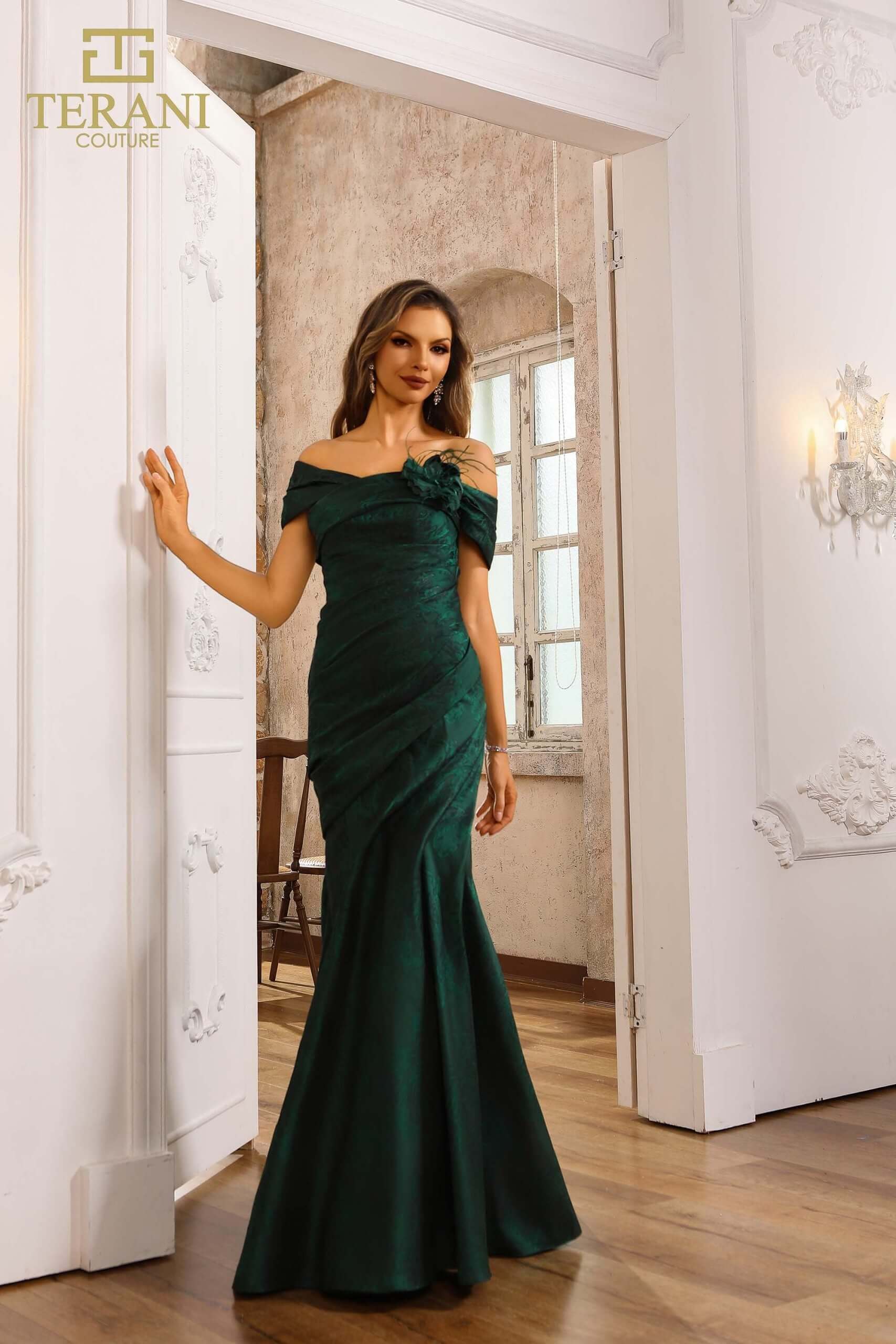 251M4437 TERANI Sleeveless Jacquard Off Shoulder Trumpet Dress