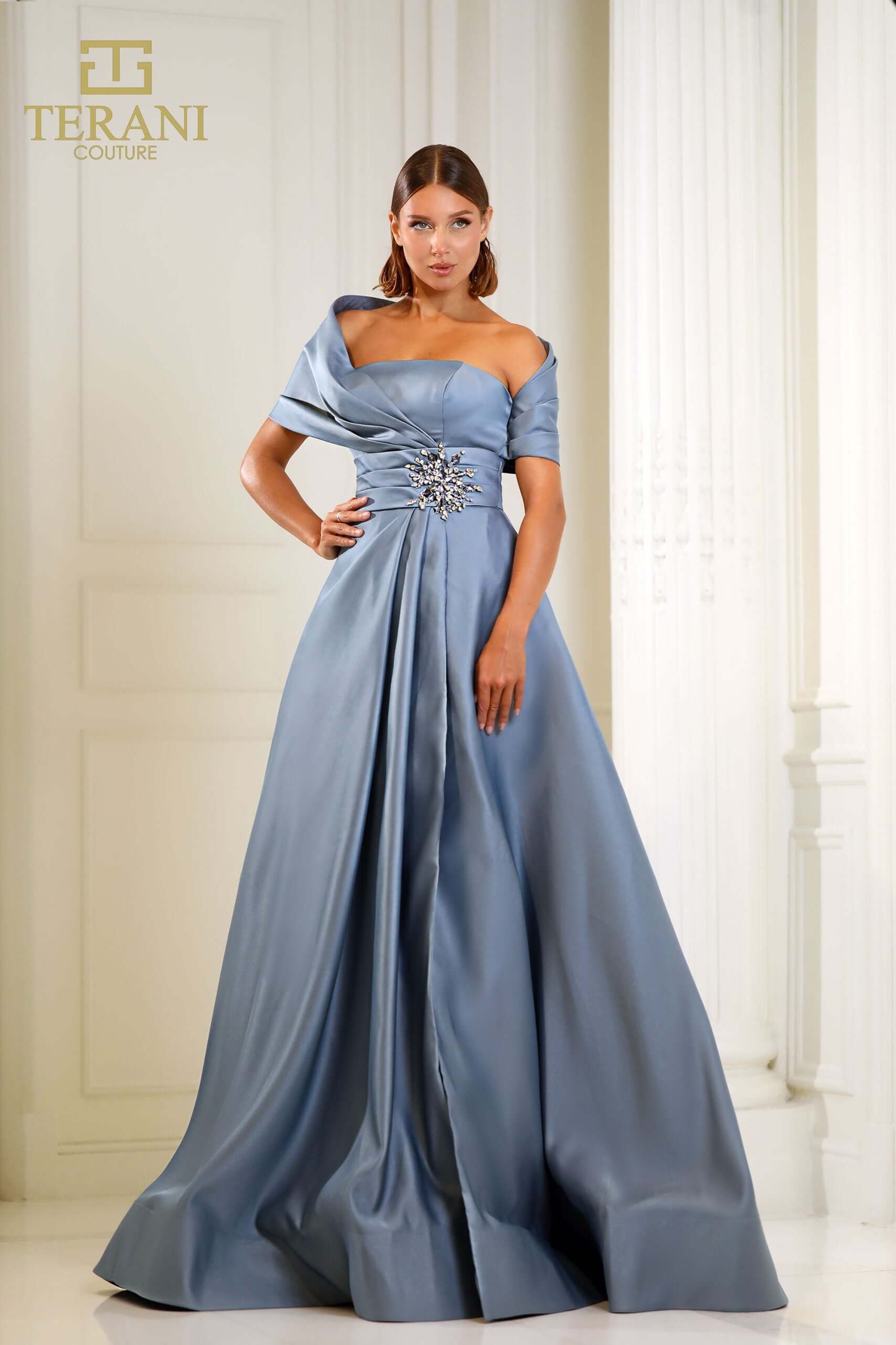 251M4441 TERANI Matte Satin A-line One Shoulder Long Dress