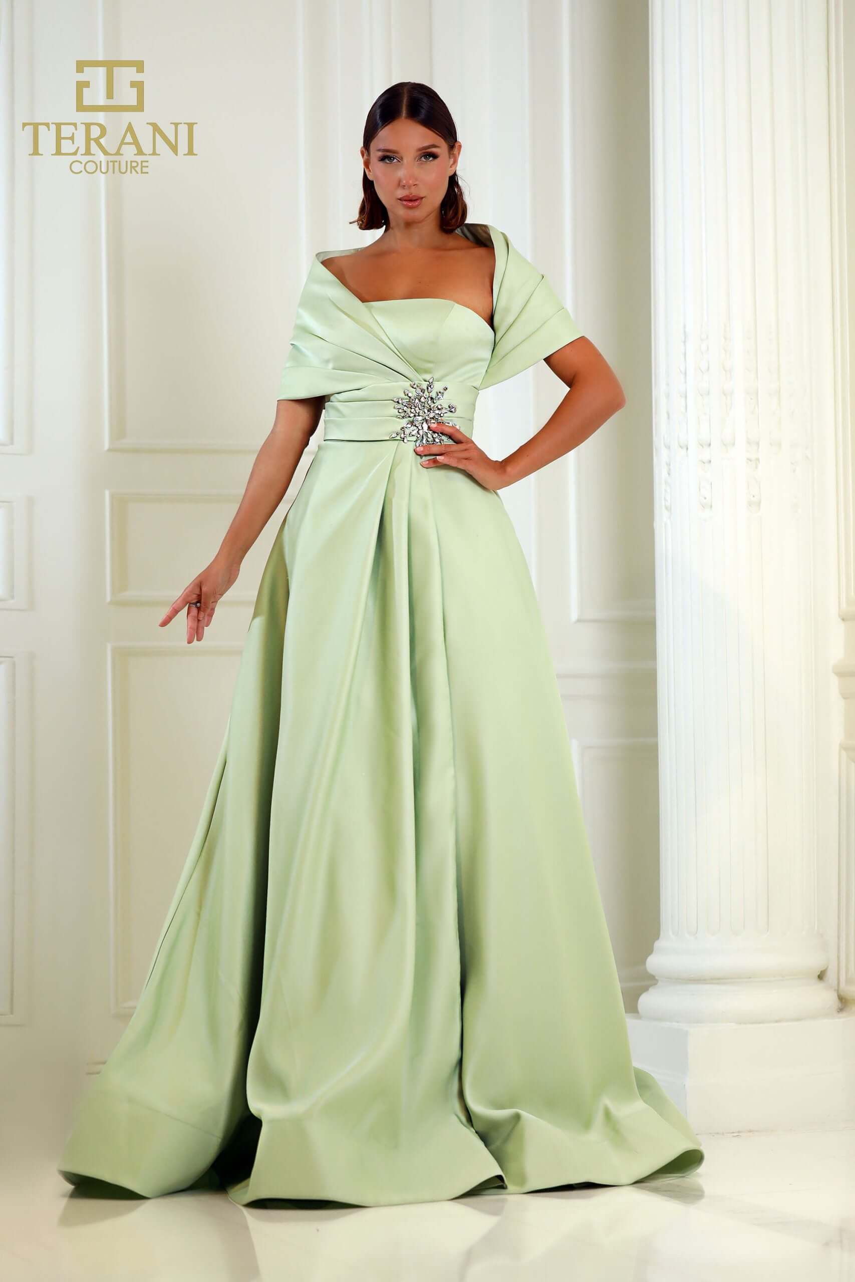251M4441 TERANI Matte Satin A-line One Shoulder Long Dress