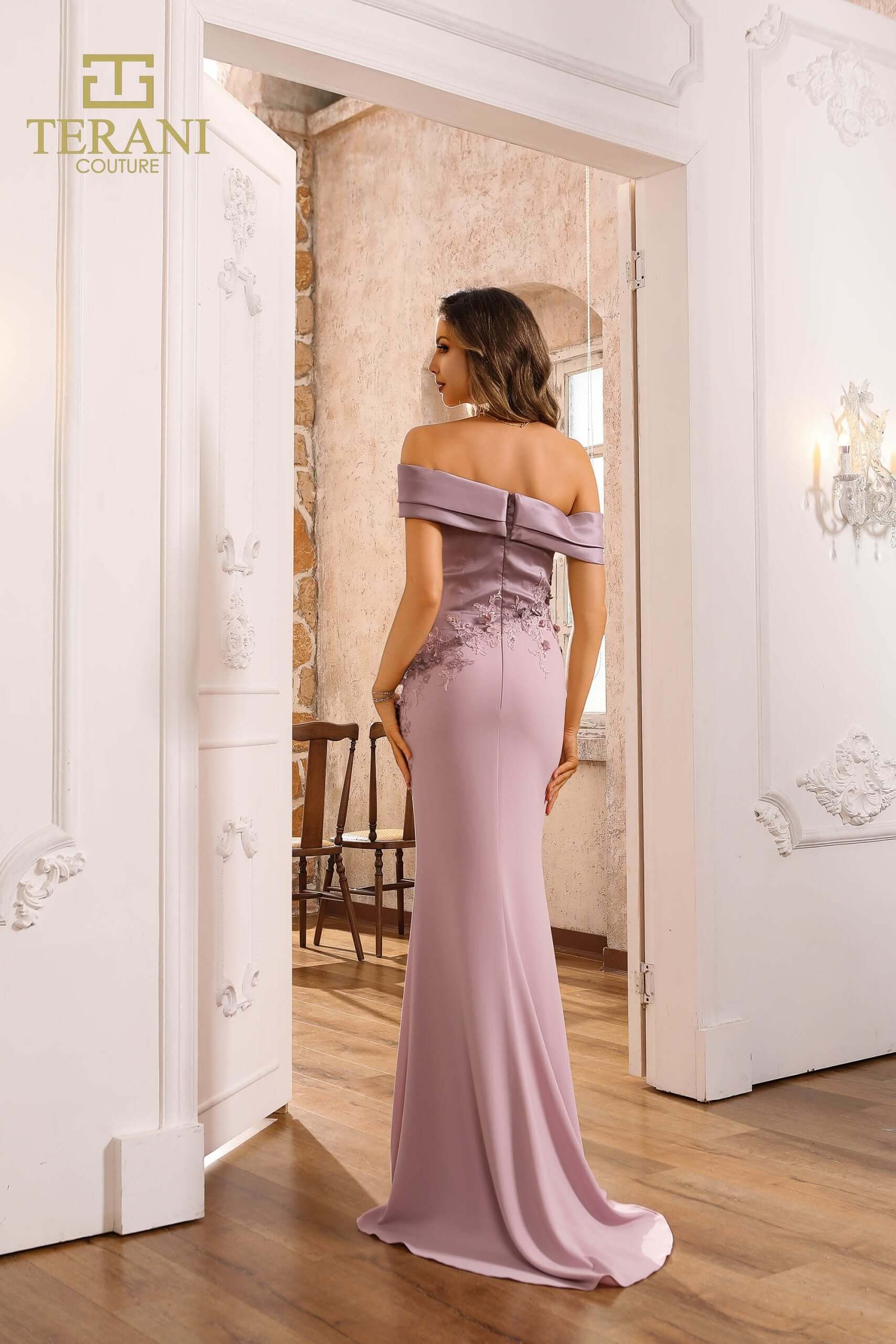 251M4443 Crepe Off Shoulder Sleeveless Trumpet Dress