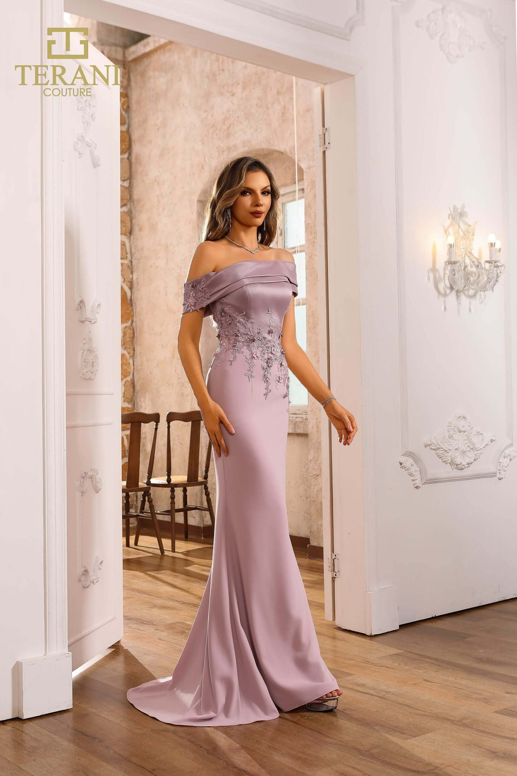 251M4443 Crepe Off Shoulder Sleeveless Trumpet Dress
