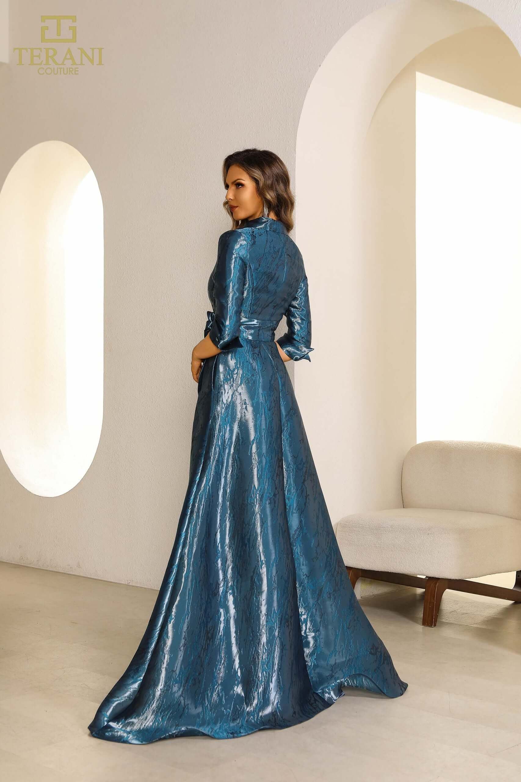 251M4462 TERANI Shimmer A-line Long Blue Dress