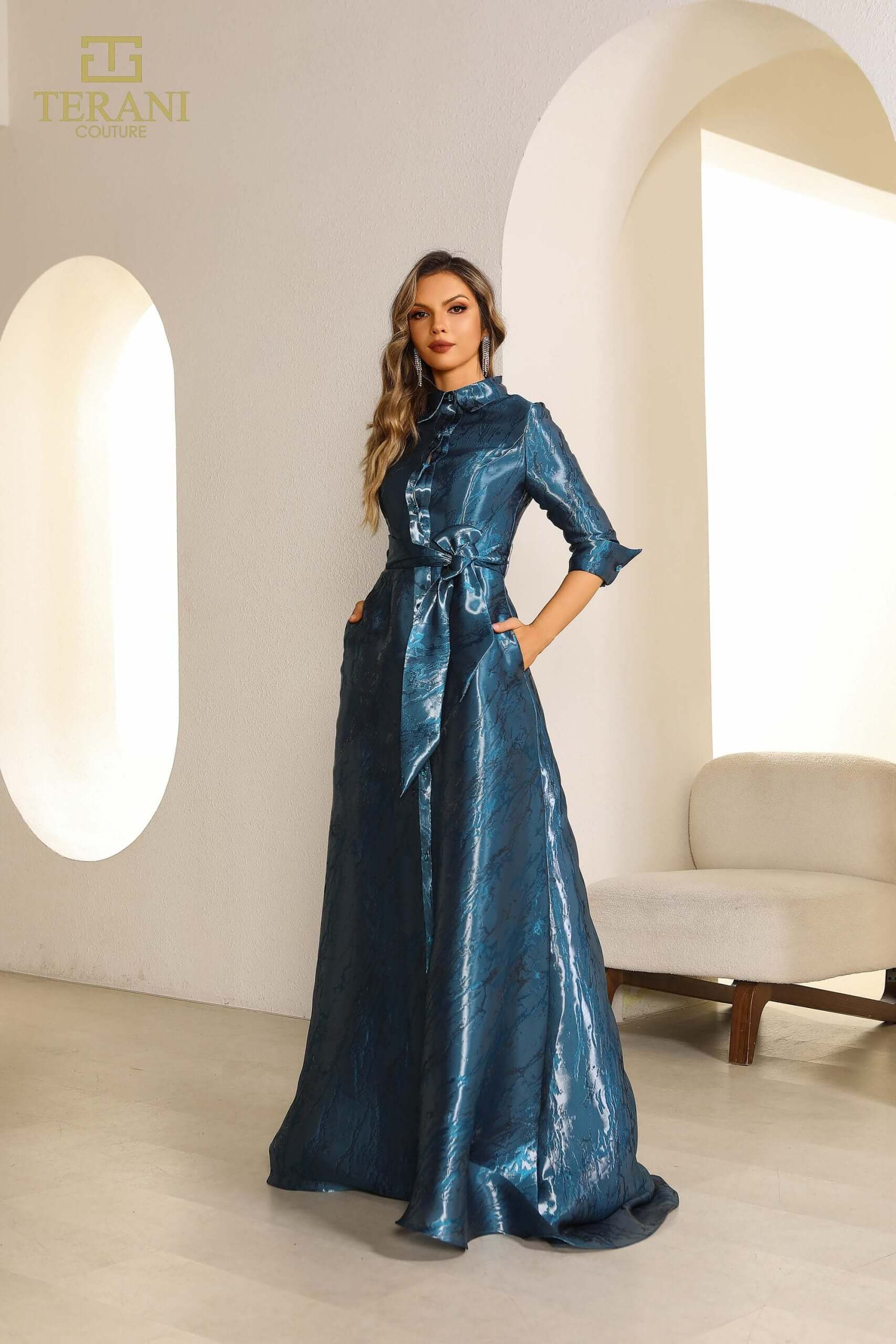251M4462 TERANI Shimmer A-line Long Blue Dress