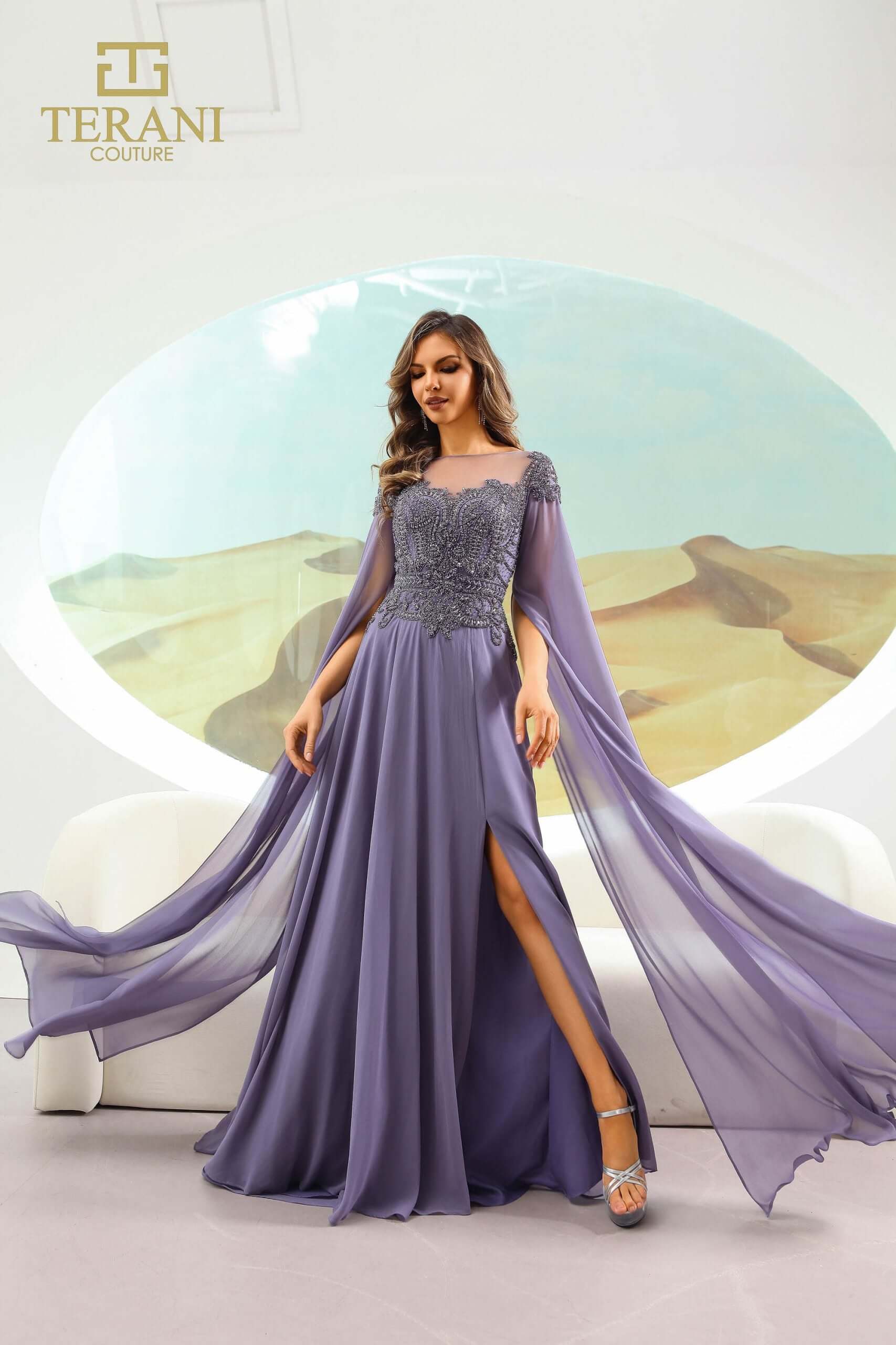 251M4463 TERANI Illussion Neck Blueberry A-line Chiffon Long Dress