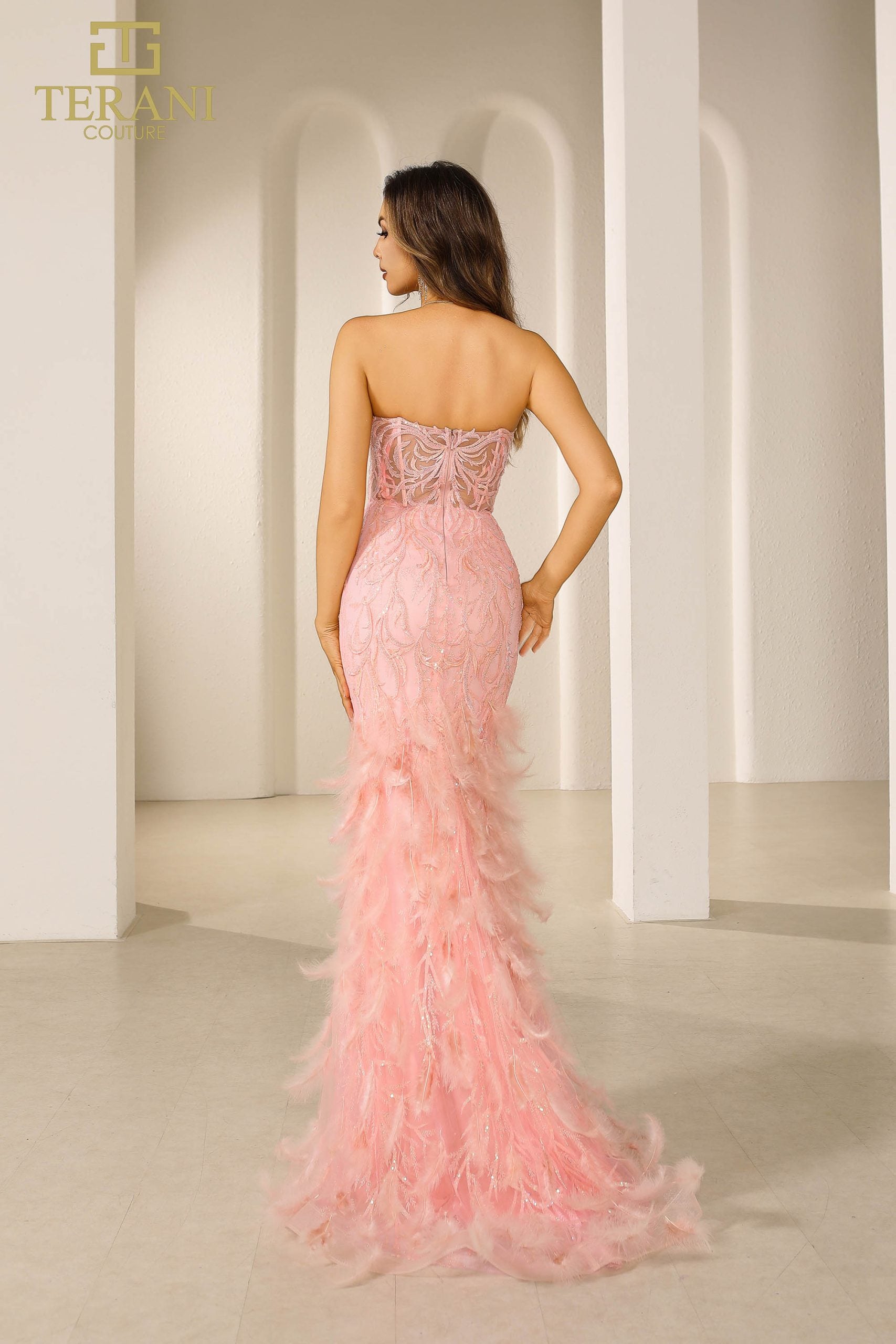 251P4002 TERANI Bodycon Strapless Embroidered Prom Dress