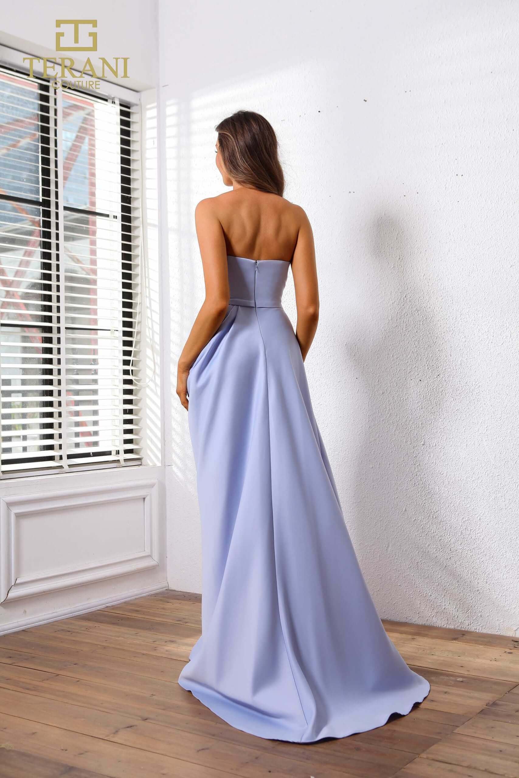 251P4131 TERANI Assyemtric Matte Satin Long Prom Column Dress