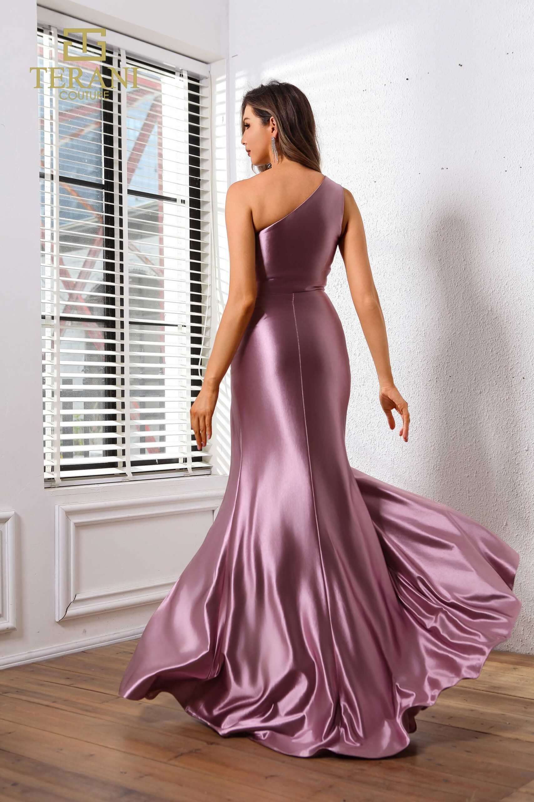 251P4261 TERANI Assyemtric Jersey Satin Fit And Flare Long Prom Dress