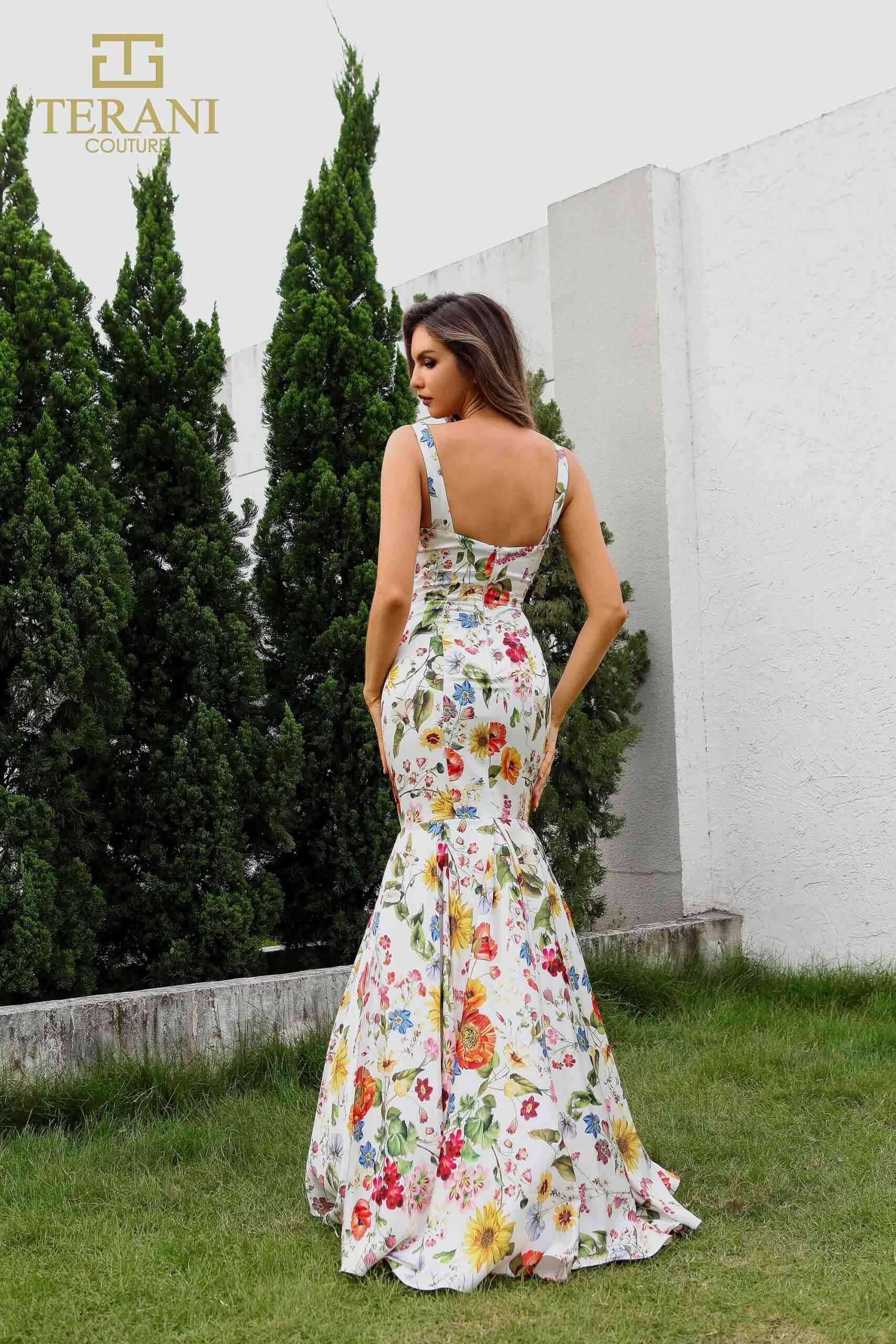 251P4378 TERANI Sweetheart Printed Satin Trumpet Prom Dress