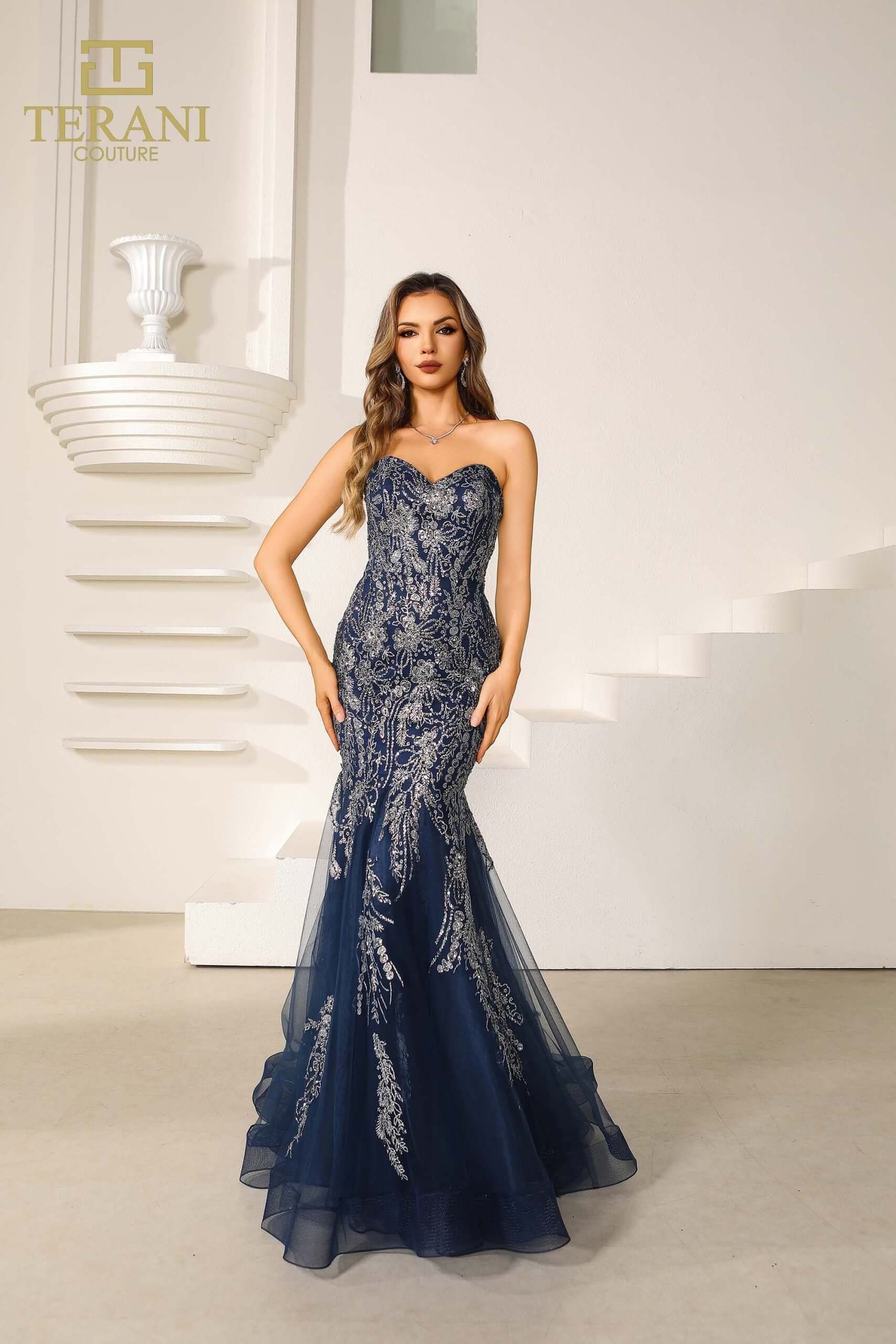 Sweetheart Beaded Tulle Strapless Trumpet Prom Dress Navy / 0 Sweetheart Beaded Tulle Strapless Trumpet Prom Dress Navy / 0