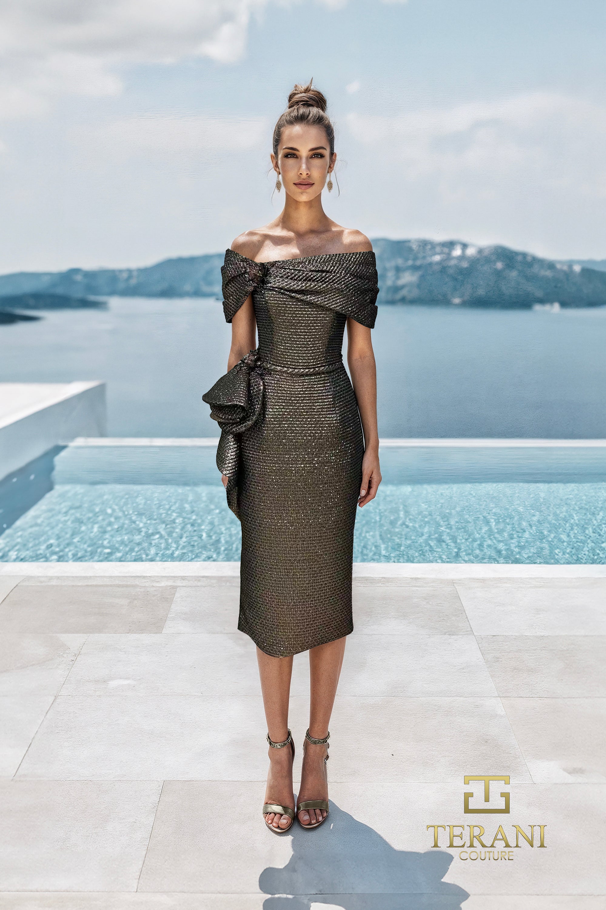 Off-Shoulder Metallic Jacquard Sheath Gown with Slit - 261C6523