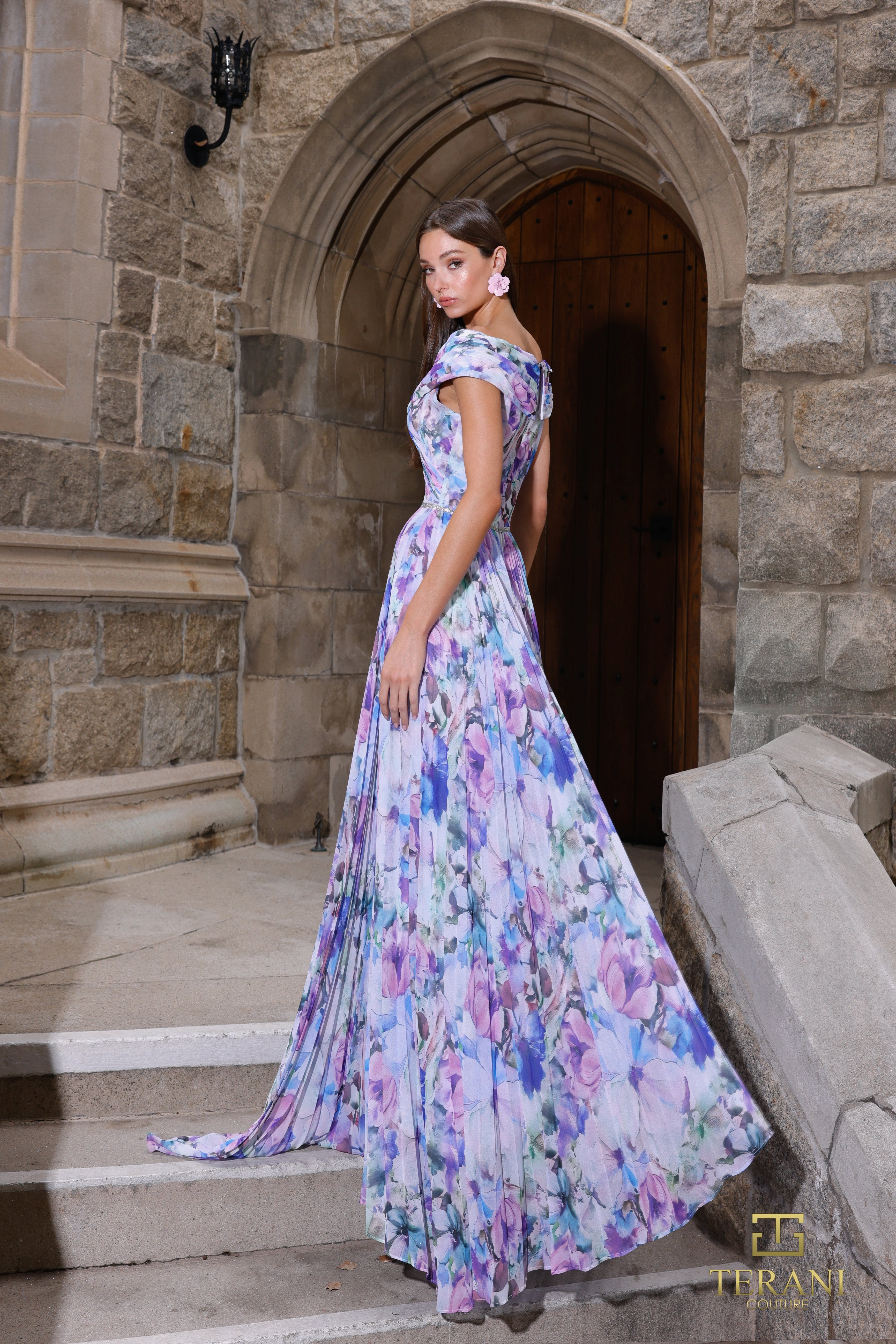 Off-Shoulder Printed Chiffon A-Line Gown - 261C6641