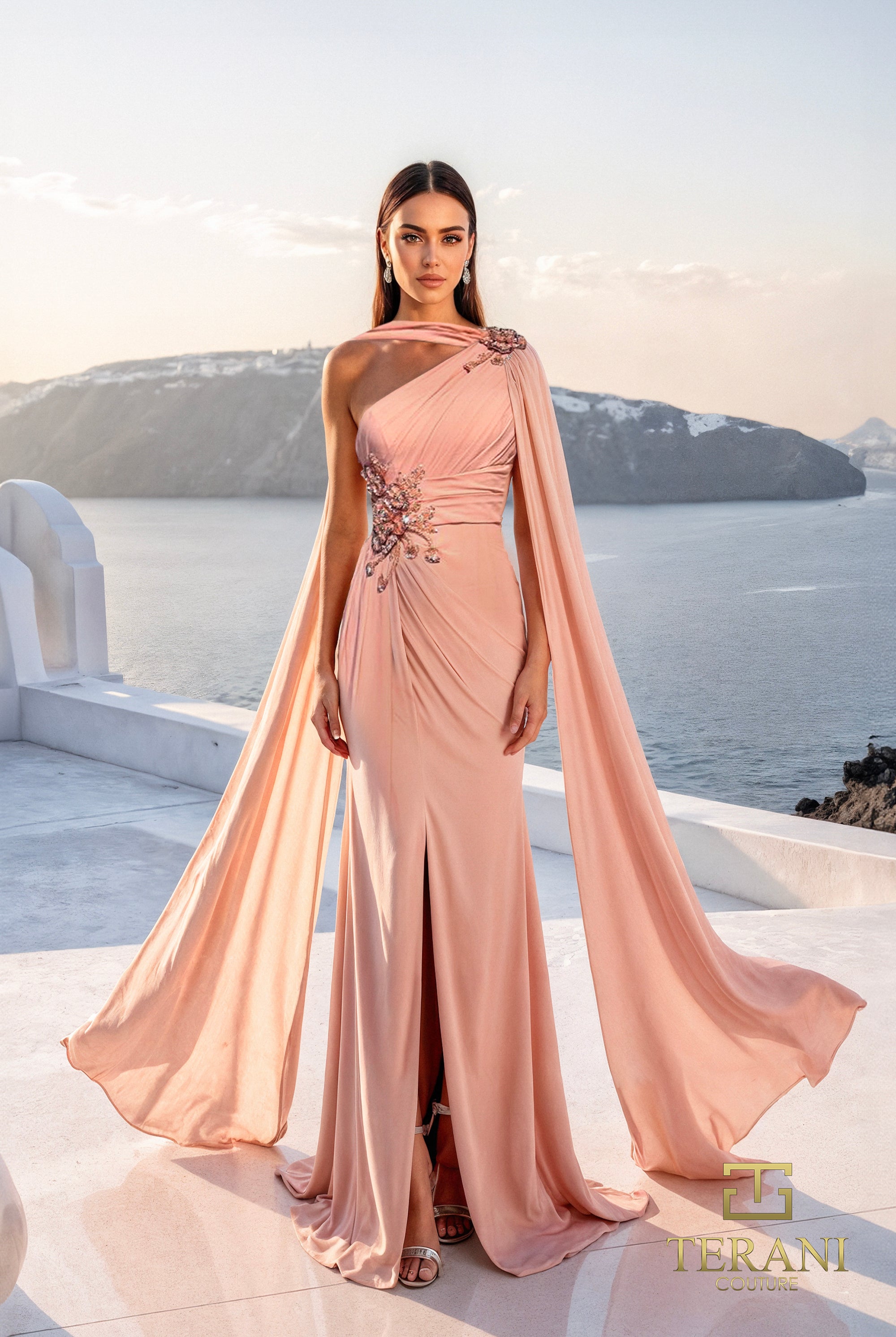 One-Shoulder Chiffon Column Gown with Cape Sleeve and Slit - 261E6205