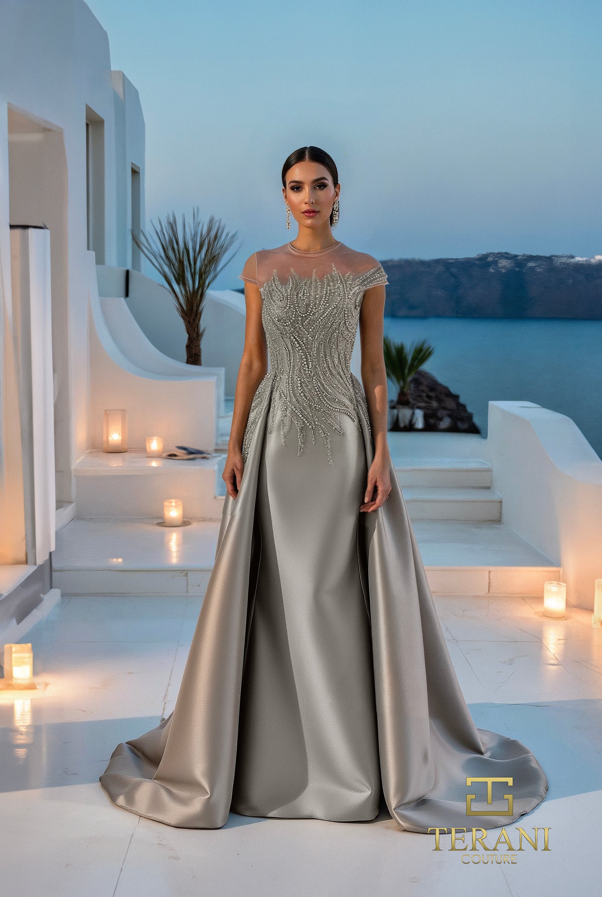 Dress Illusion Neck Stretch Mikado Column Gown with Overskirt and Cap