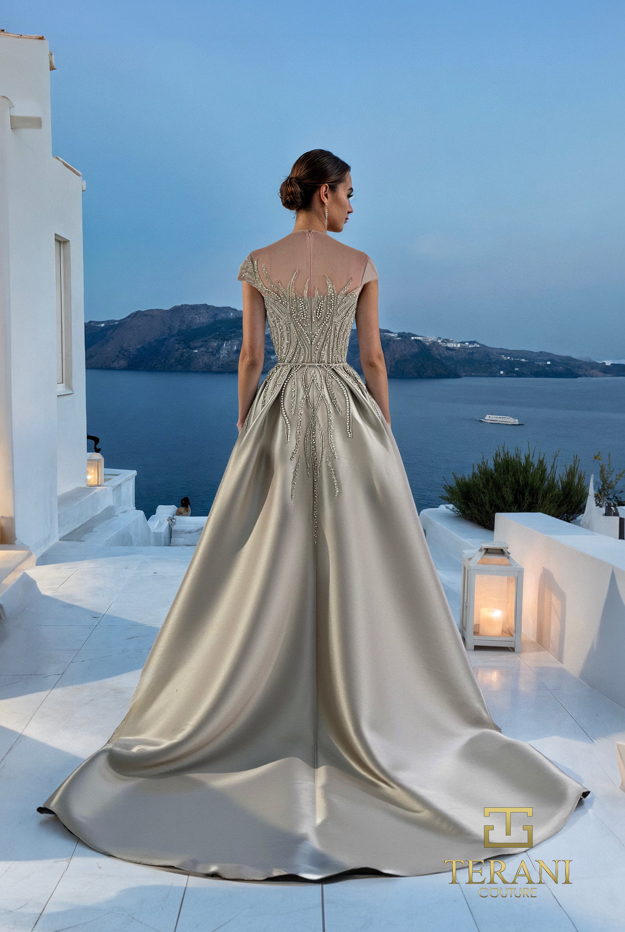 Illusion Neck Stretch Mikado Column Gown with Overskirt and Cap Sleeves - 261E6254