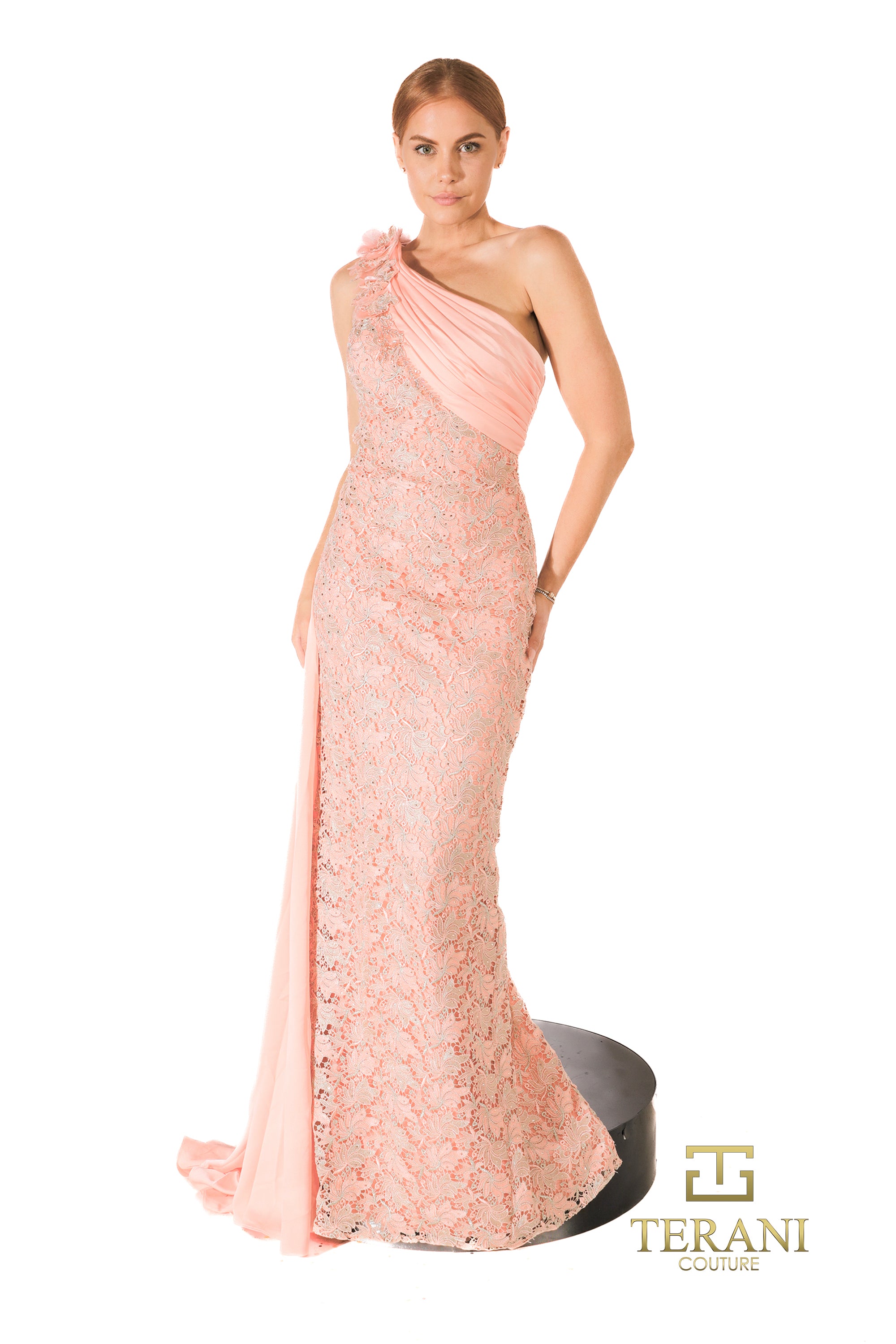 Grecian One-Shoulder Matte Satin & Lace Column Gown with Flare - 261E6257