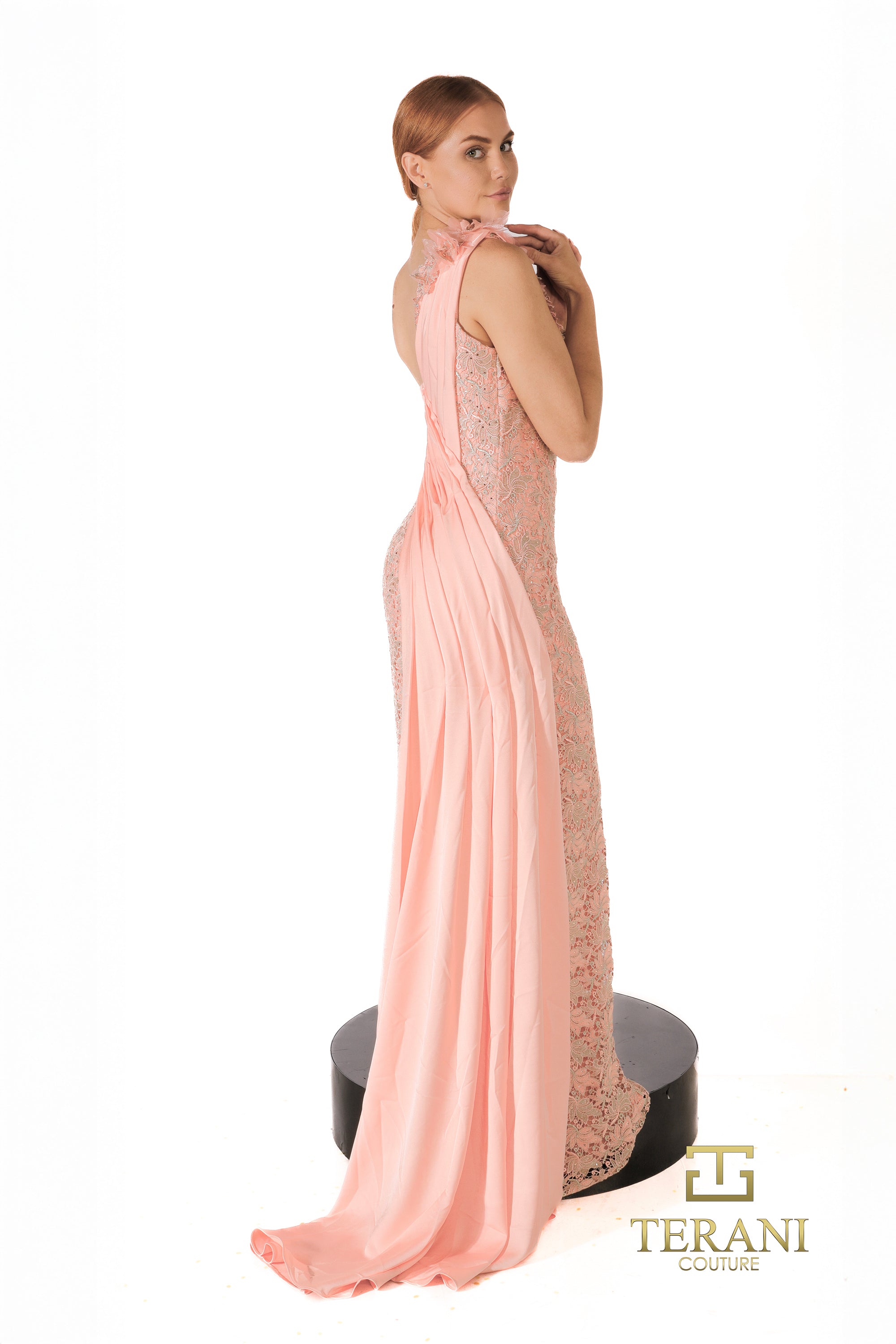 Grecian One-Shoulder Matte Satin & Lace Column Gown with Flare - 261E6257