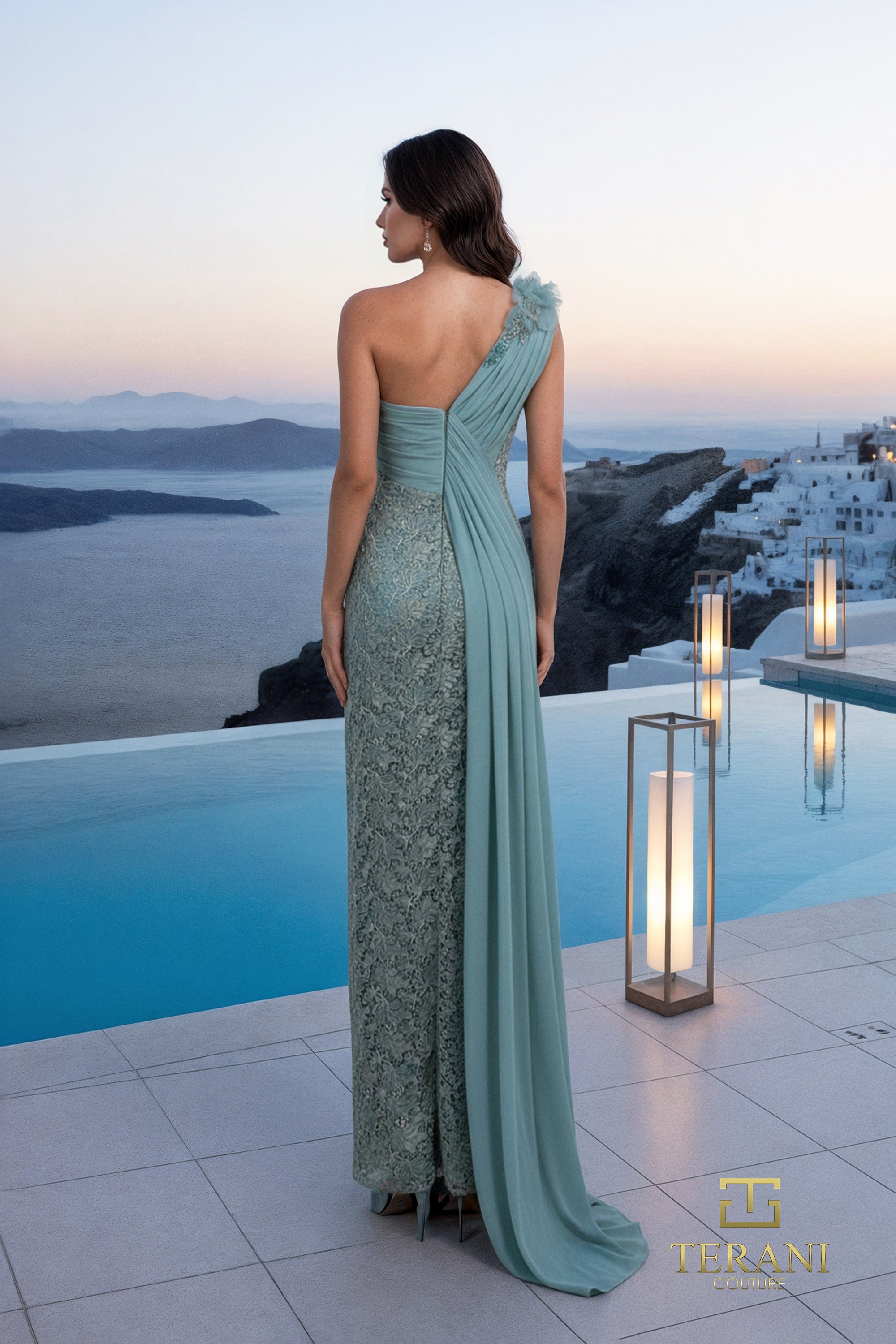 Grecian One-Shoulder Matte Satin & Lace Column Gown with Flare - 261E6257