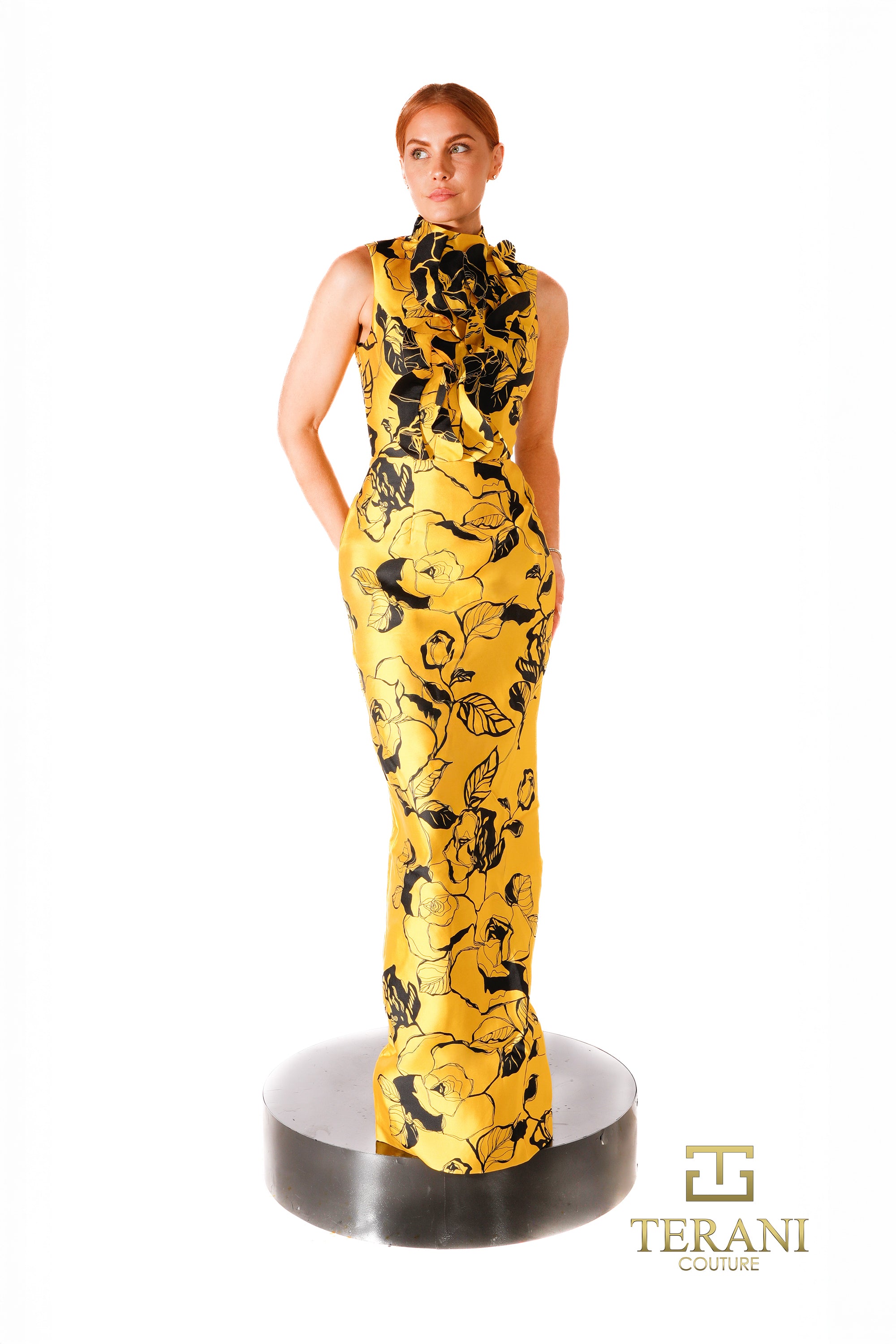 High Neck Print Mikado Column Gown - 261E6277