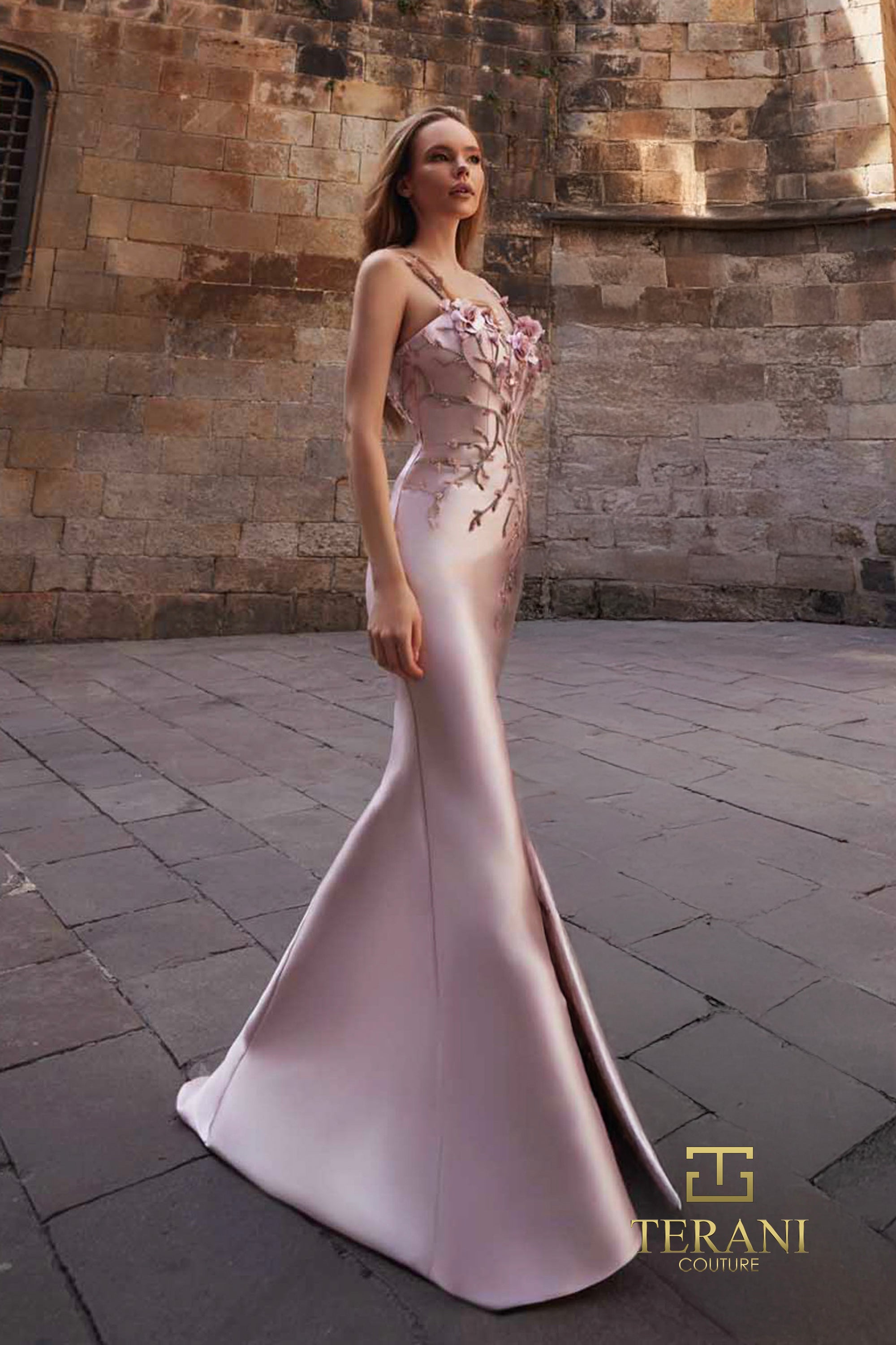 Spaghetti Strap Mikado Fitted Gown with Slit - 261E6632