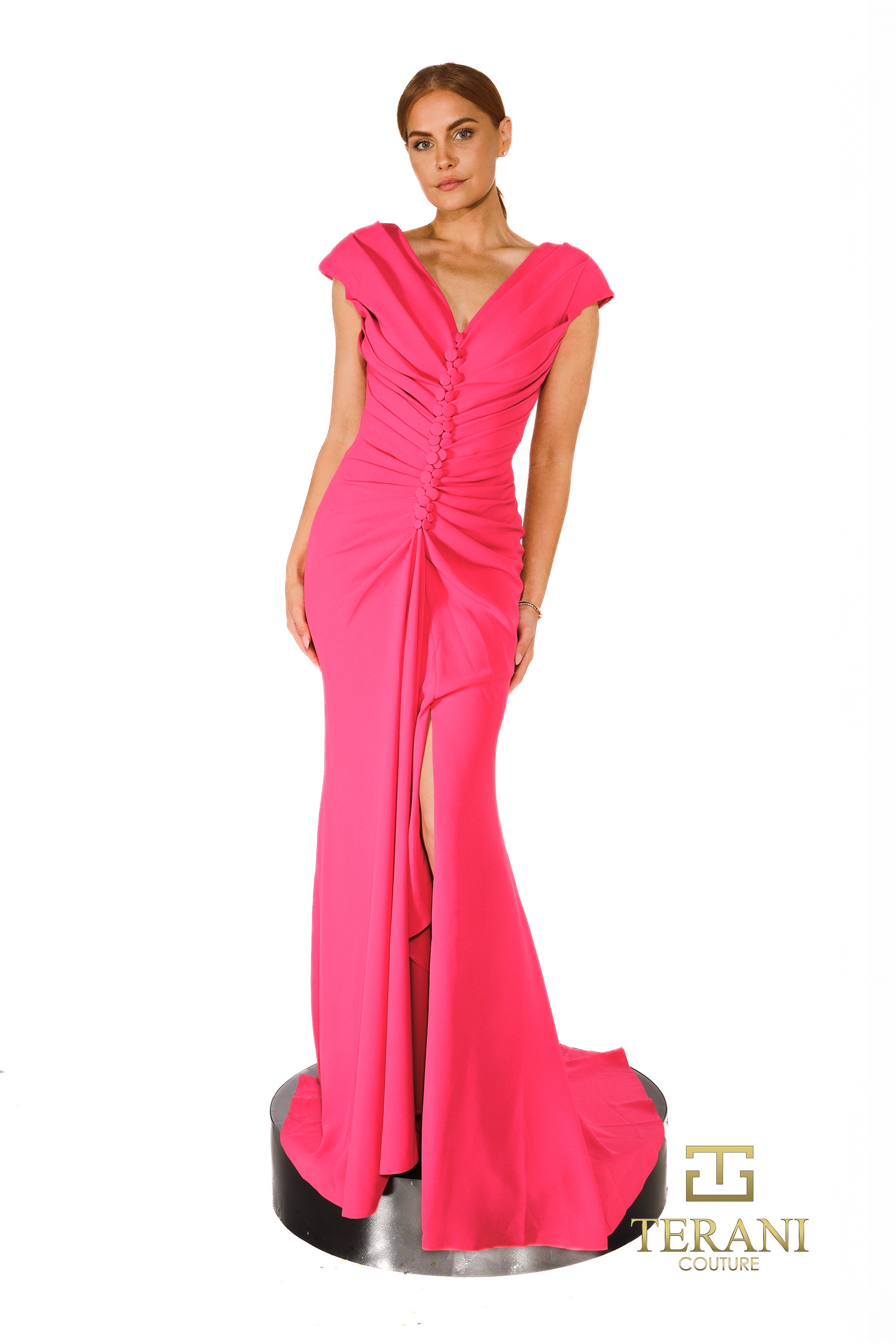 V-Neck Crepe Sheath Gown with Cap Sleeves and Slit - 261E6721