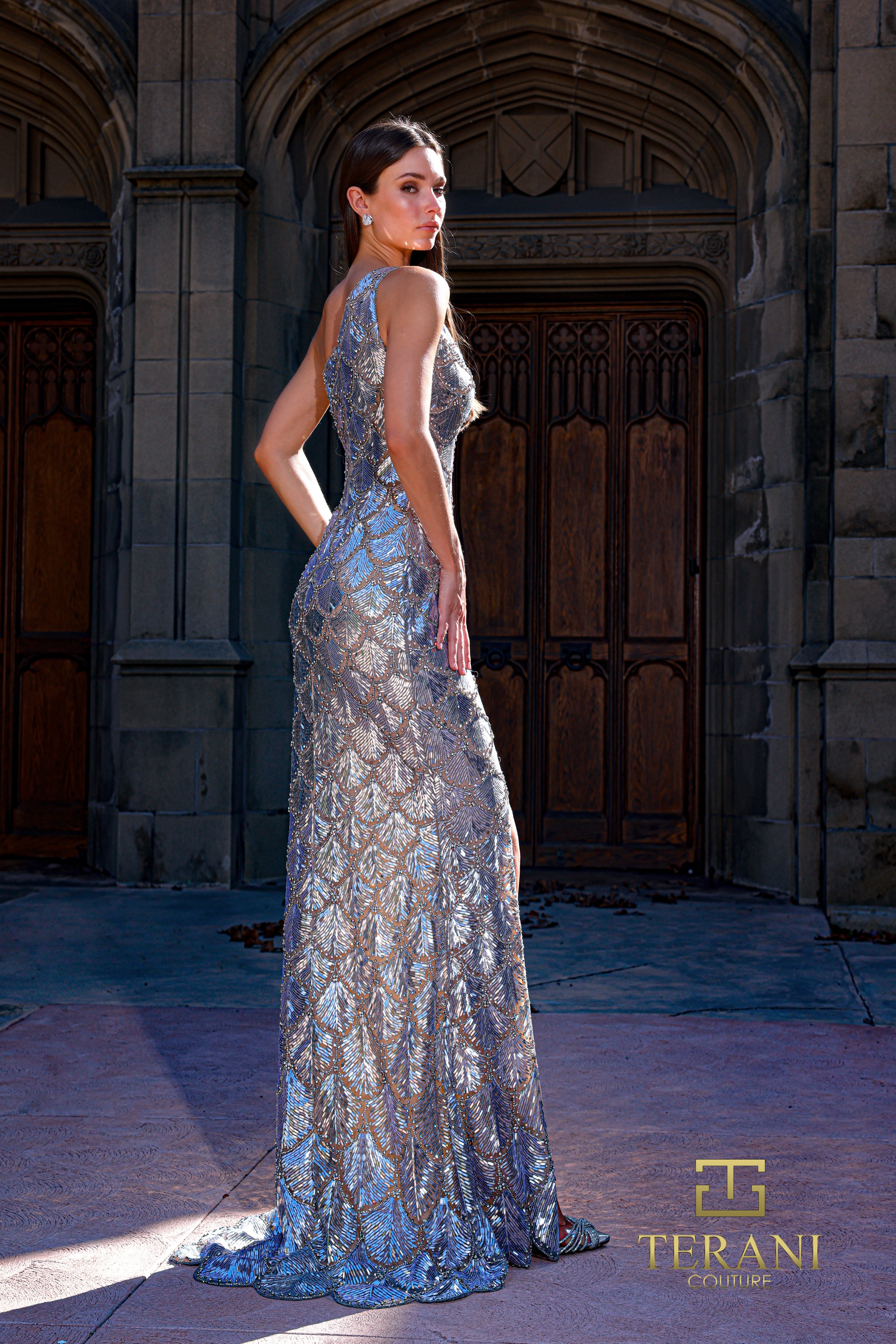 Asymmetric One-Shoulder Beaded Tulle Sheath Gown with Slit - 261GL6356